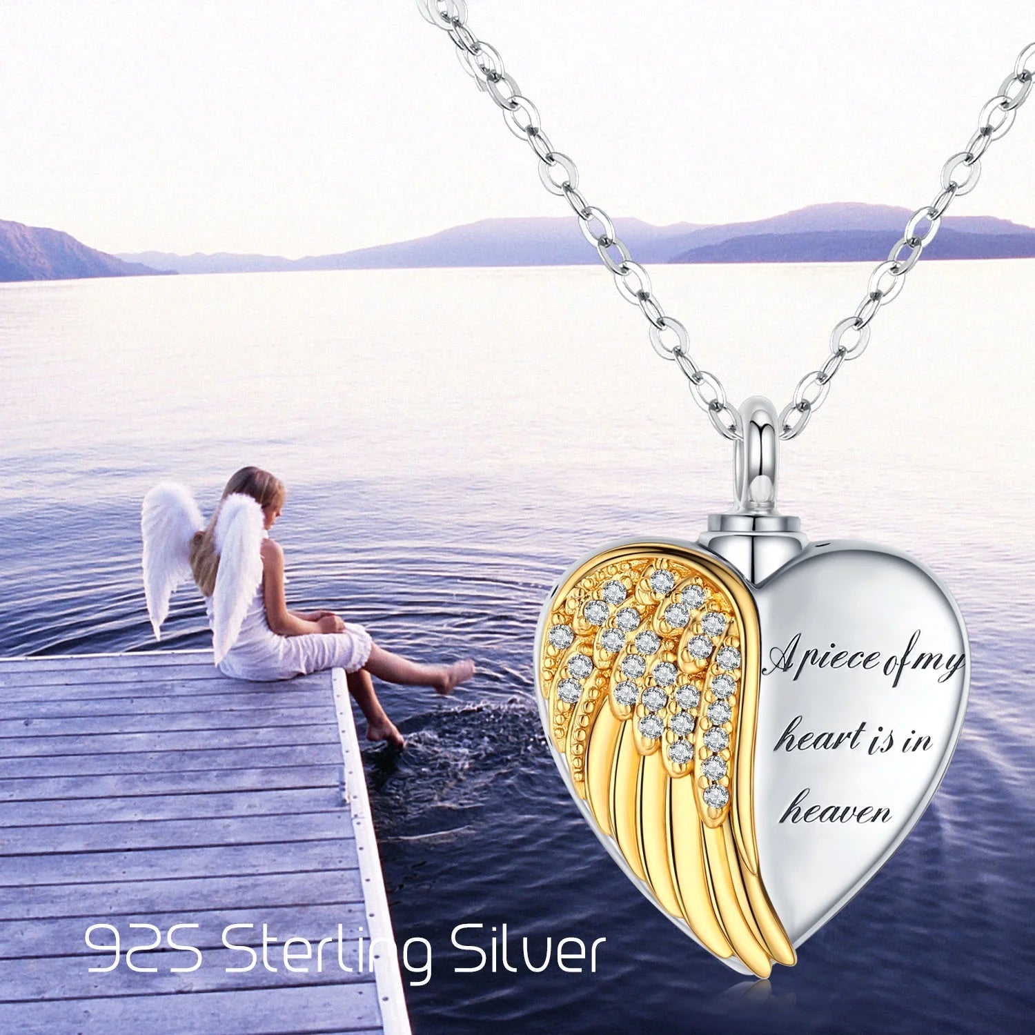 925 Sterling Silver Heart Angel Wing Urn Necklace for Ashes