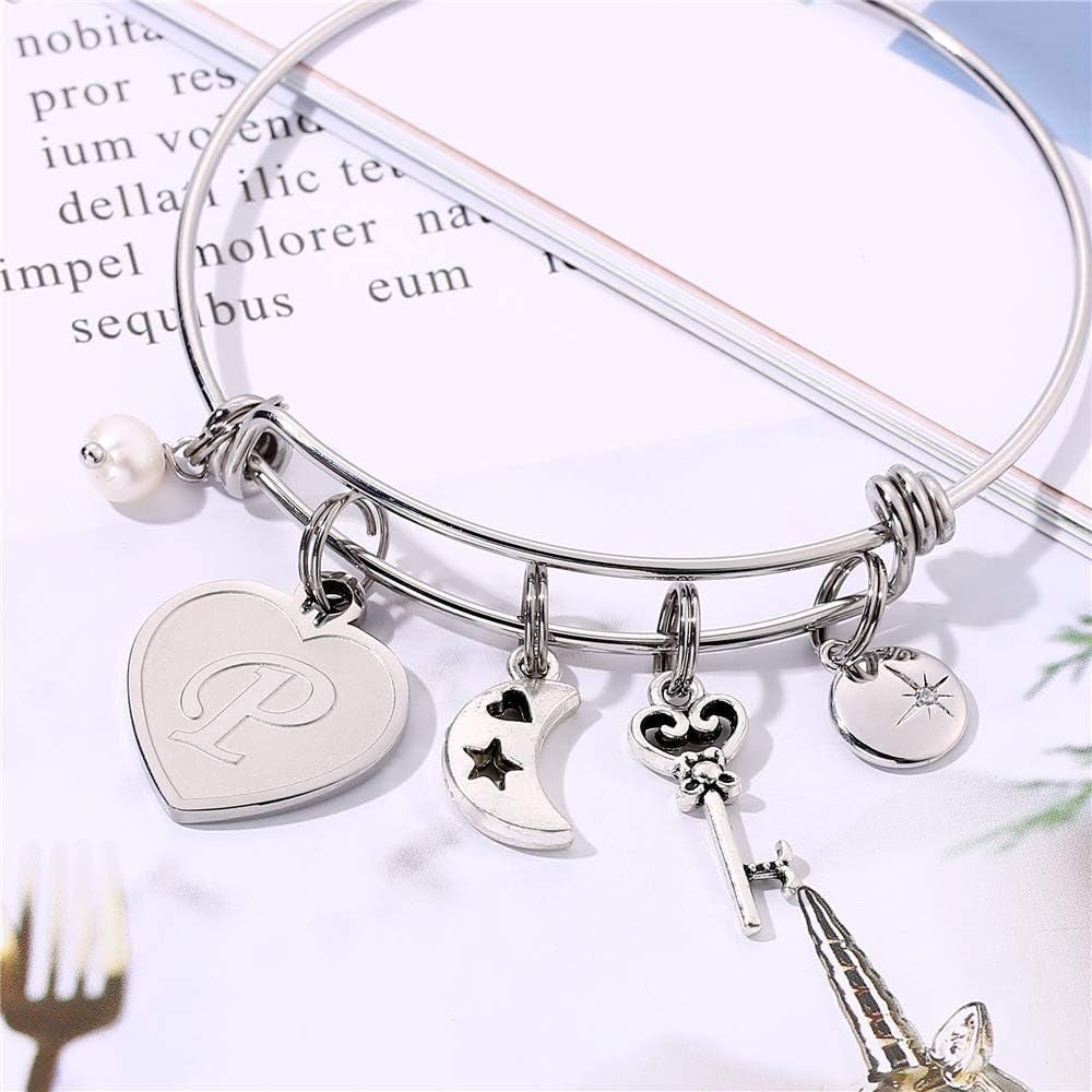 Initial Charm Bracelet for Women – Engraved Stainless Steel Bangle Personalized Gift for Her