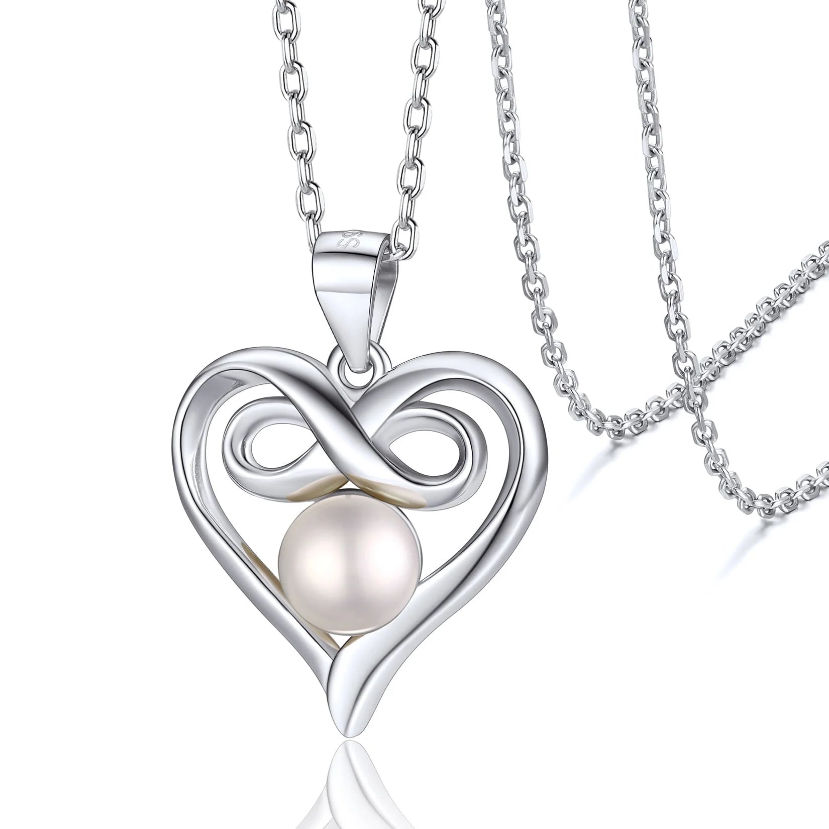 Sterling Silver Heart Infinity Necklace with Freshwater Pearl – Elegant Gift for Her