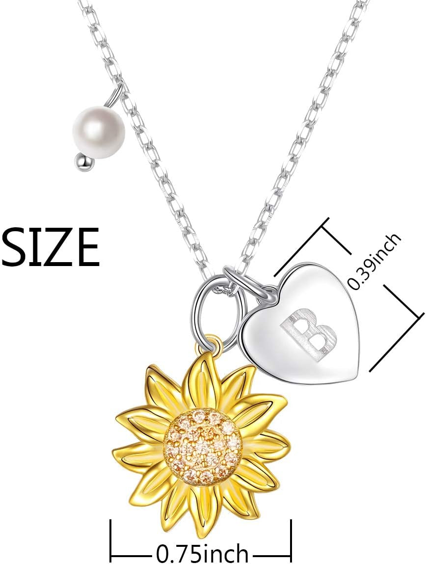Sterling Silver Gold Tone Sunflower Initial Necklace – Personalized A–Z Script Alphabet Pendant for Women & Girls