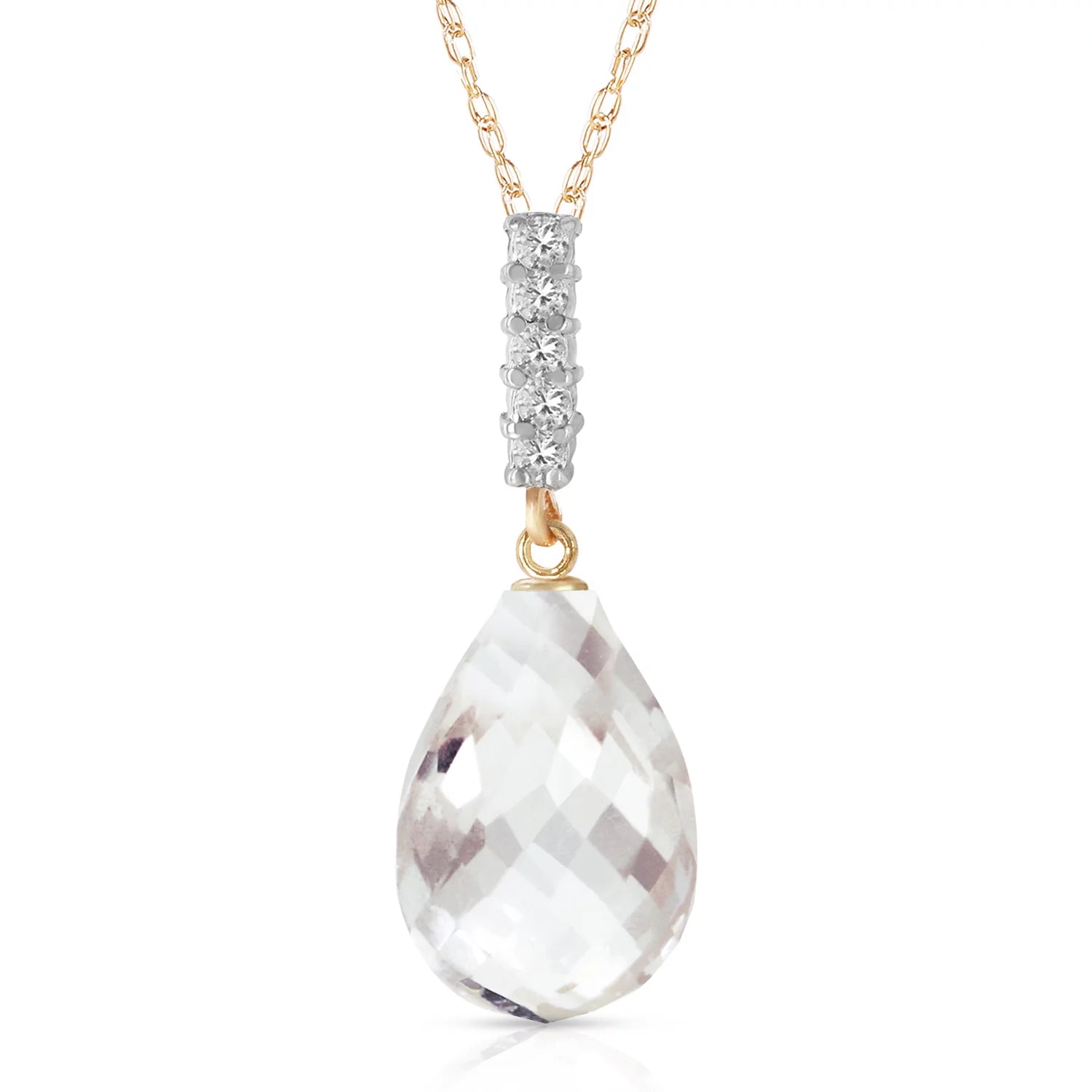 14K Yellow Gold Necklace with Diamond & Briolette Drop White Topaz – 18" Elegant Pendant