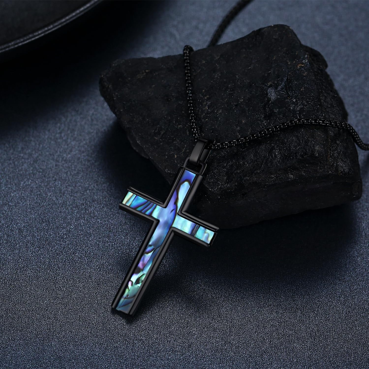925 Sterling Silver Black Cross Necklace with Abalone Shell Inlay