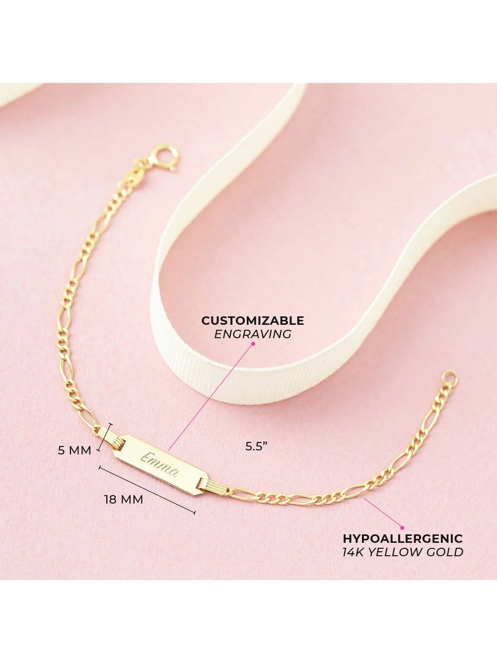 14K Yellow Gold Engravable Figaro Chain ID Bracelet for Baby Girls & Boys – Safe for Sensitive Skin, 5.5" Length, Gift Box Included