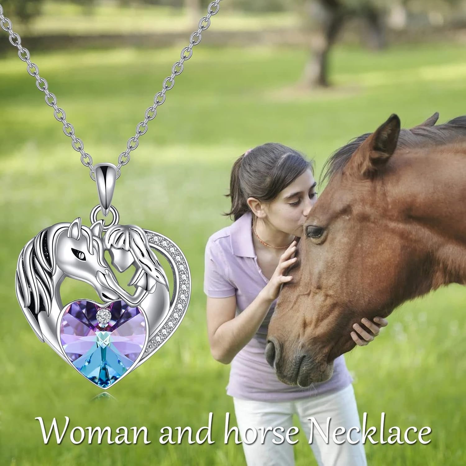 Purple Heart & Horse Pendant Necklace – Sterling Silver Animal Lover Gift for Her