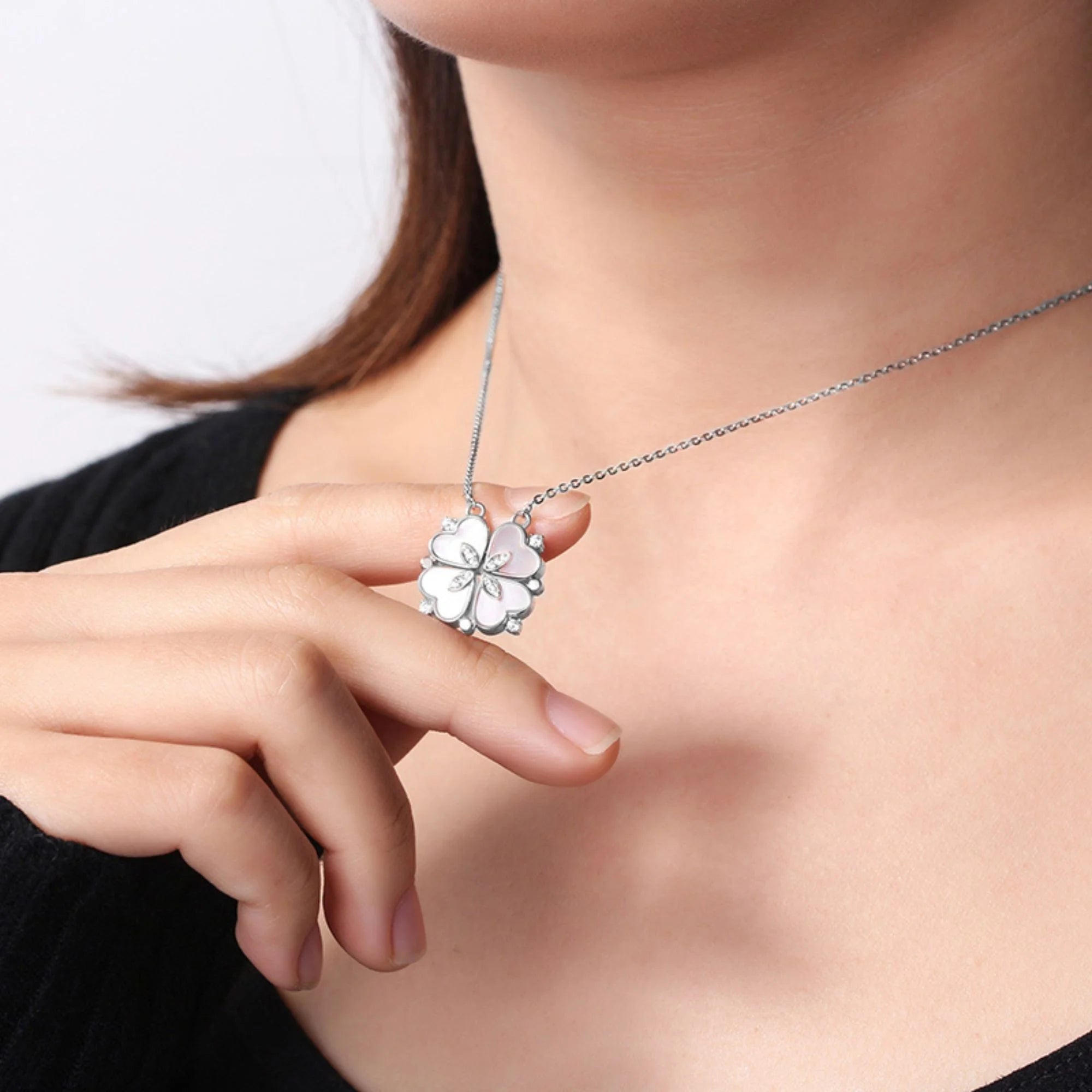 4-Leaf Clover Heart Pendant Necklace for Women – Magnetic 925 Sterling Silver Good Luck Charm Jewelry