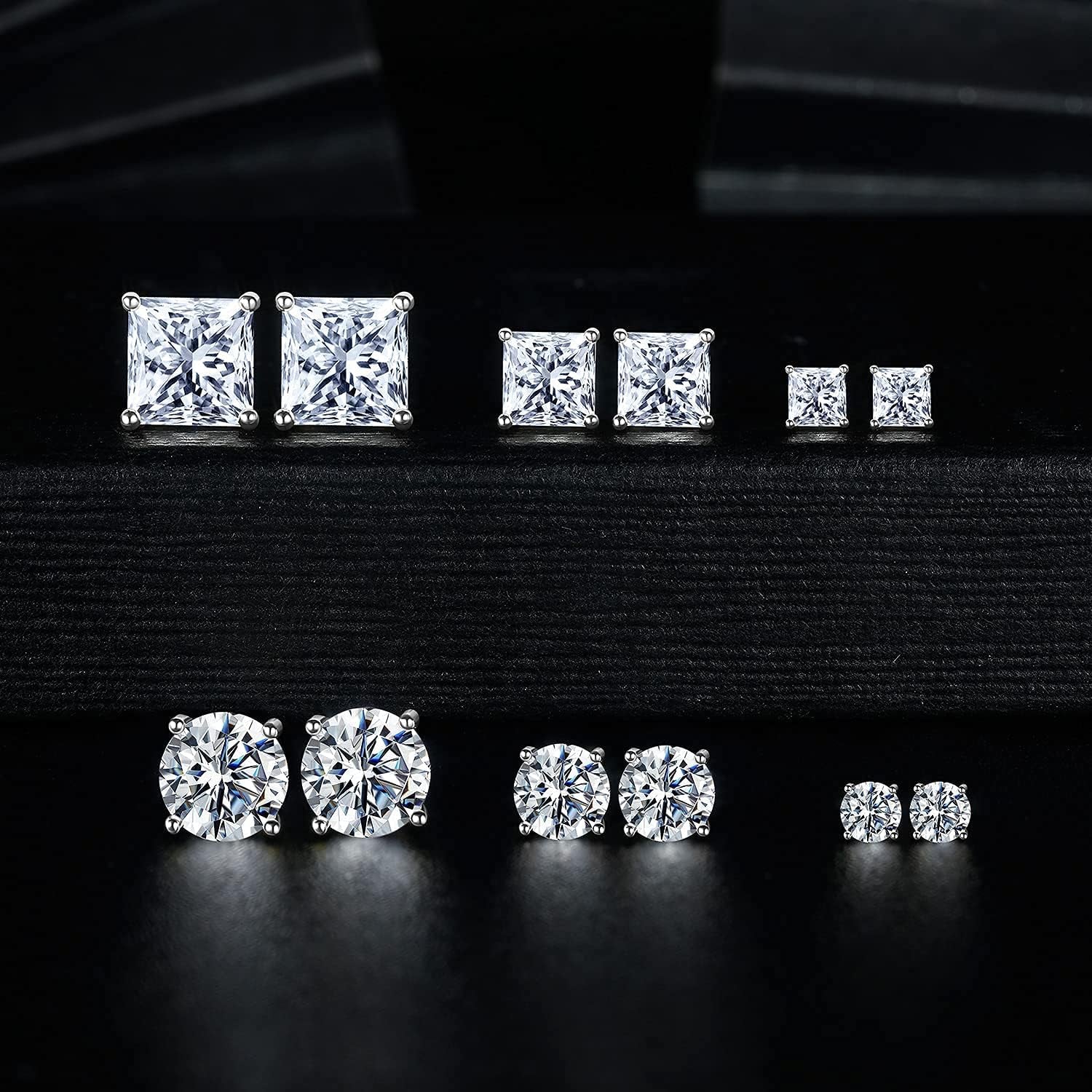 18K Gold Plated Round Princess Cut Clear Cubic Zirconia Stud Earrings – 6 Pairs Set