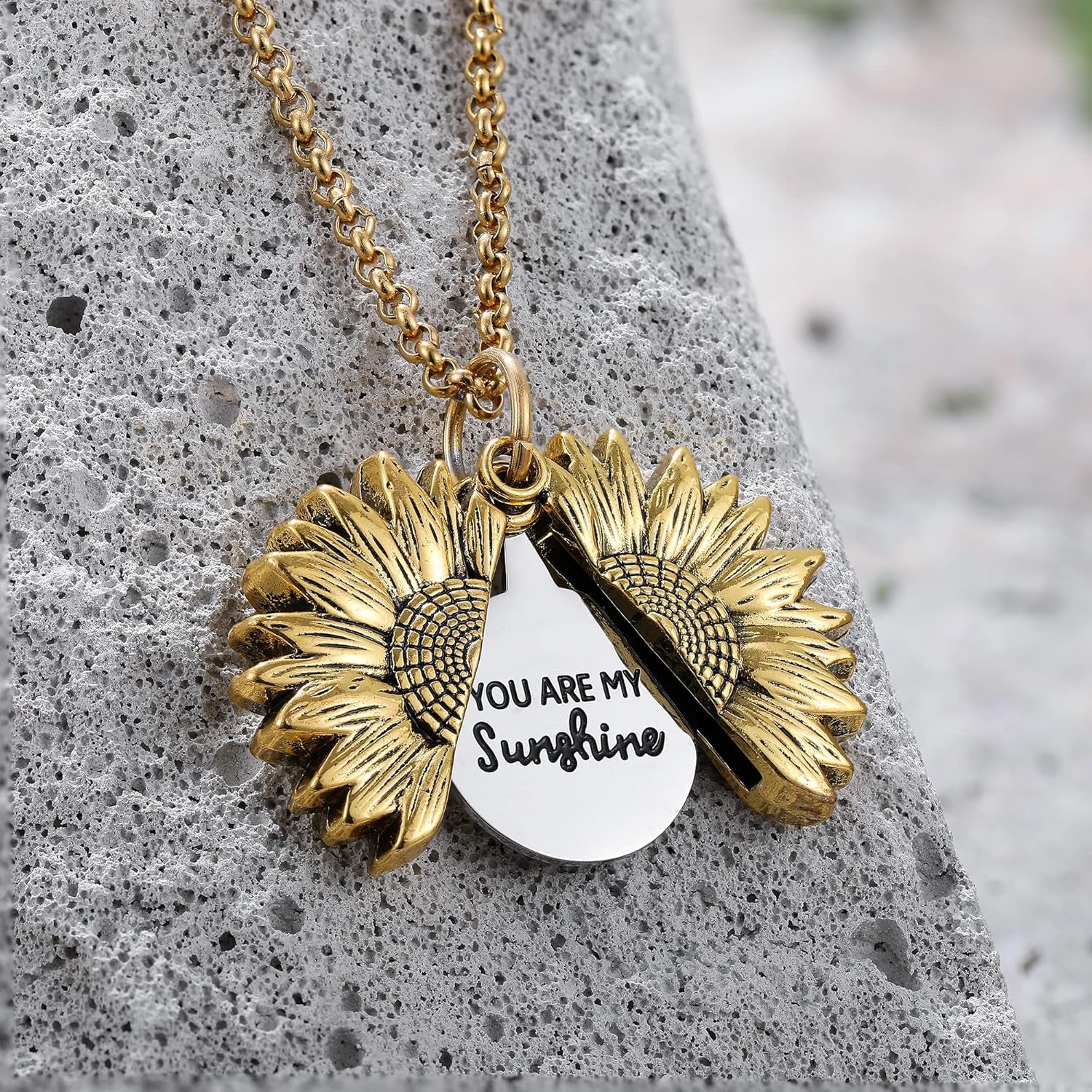 “You Are My Sunshine” Engraved Sunflower Locket Necklace – Inspirational Jewelry Gift for Women, Girlfriend, Mom, or Daughter