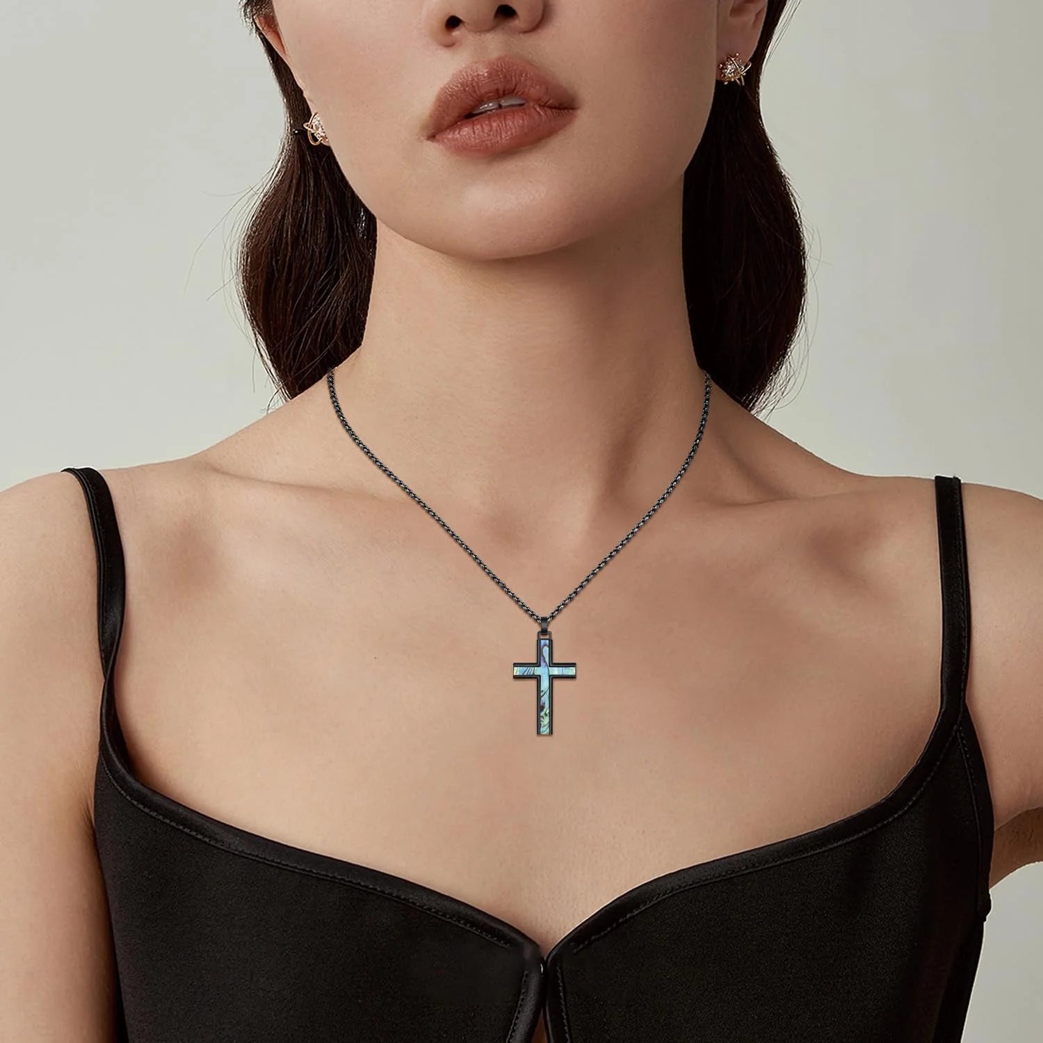 925 Sterling Silver Black Cross Necklace with Abalone Shell Inlay