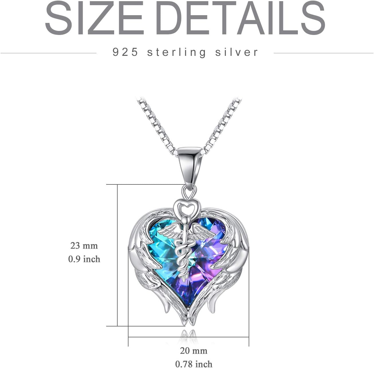 925 Sterling Silver Nurse Necklace – Caduceus Angel Wing Heart Pendant with Austrian Crystal, Gift for Nurses, Doctors & Medical Students