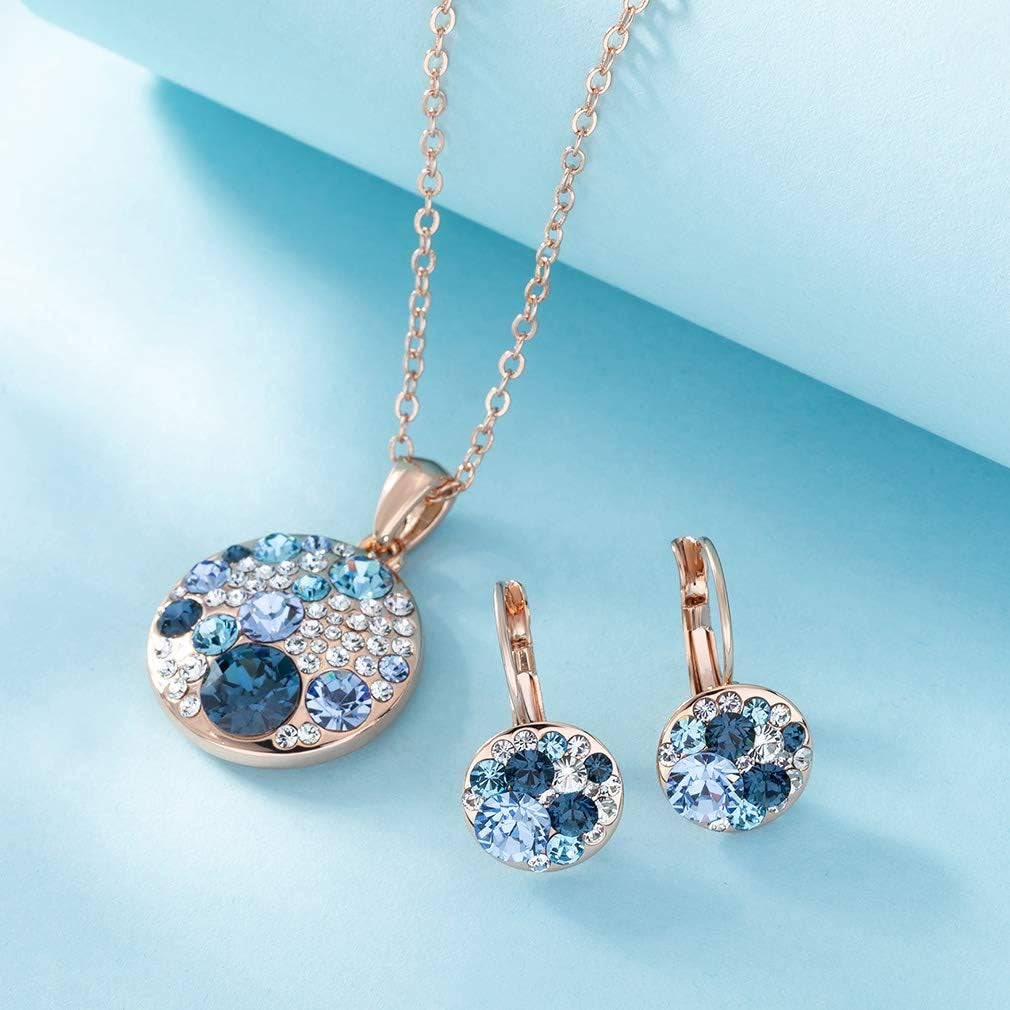 Austrian Crystal Round Disc Pendant Necklace & Earrings Set – 14K Gold Plated, Hypoallergenic Jewelry for Women