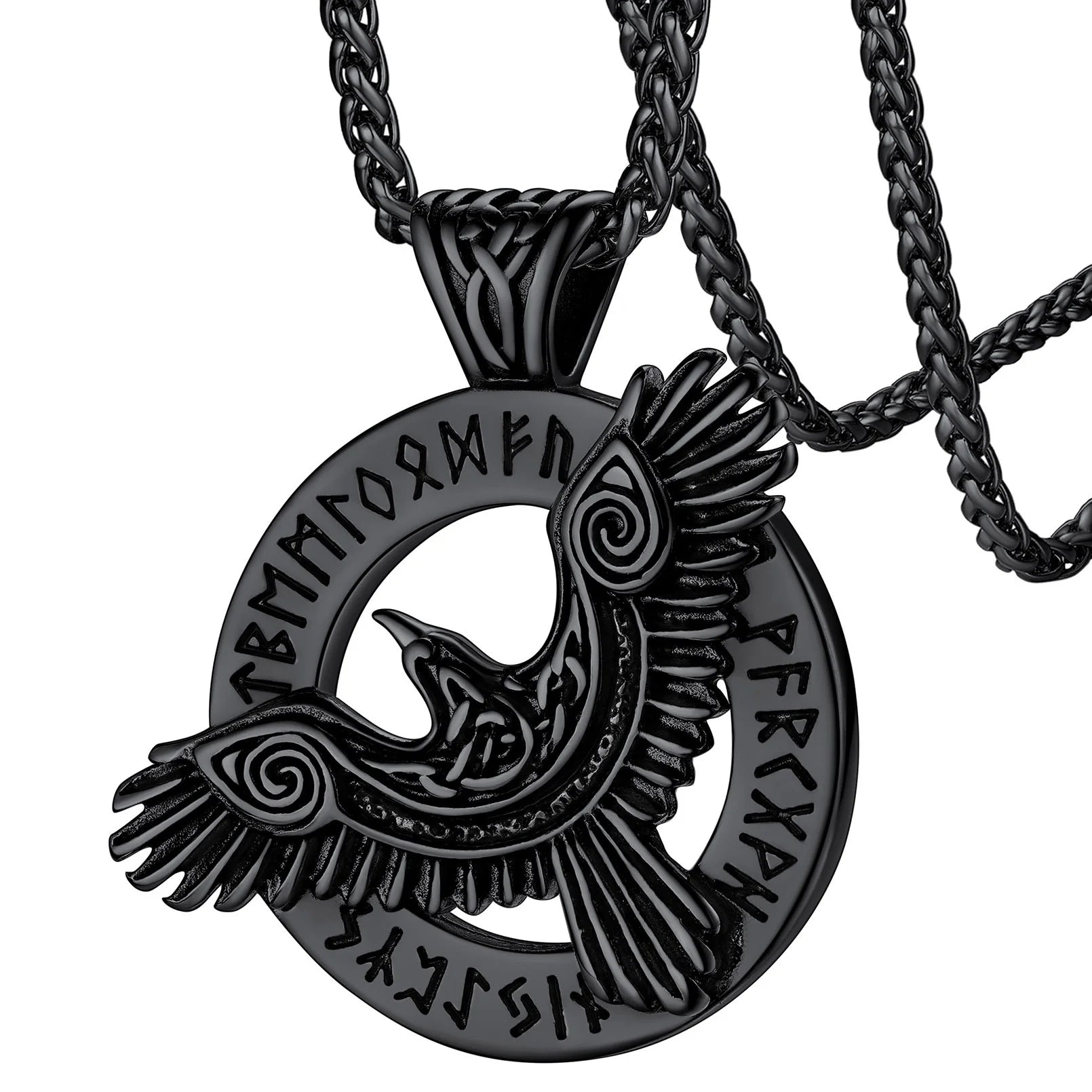 π‘οΈ Viking Raven Necklace for Men β Black Stainless Steel Norse Rune Pendant | Retro Crow Amulet Jewelry Gift for Friends, Sons, Grandsons, or Birthdays