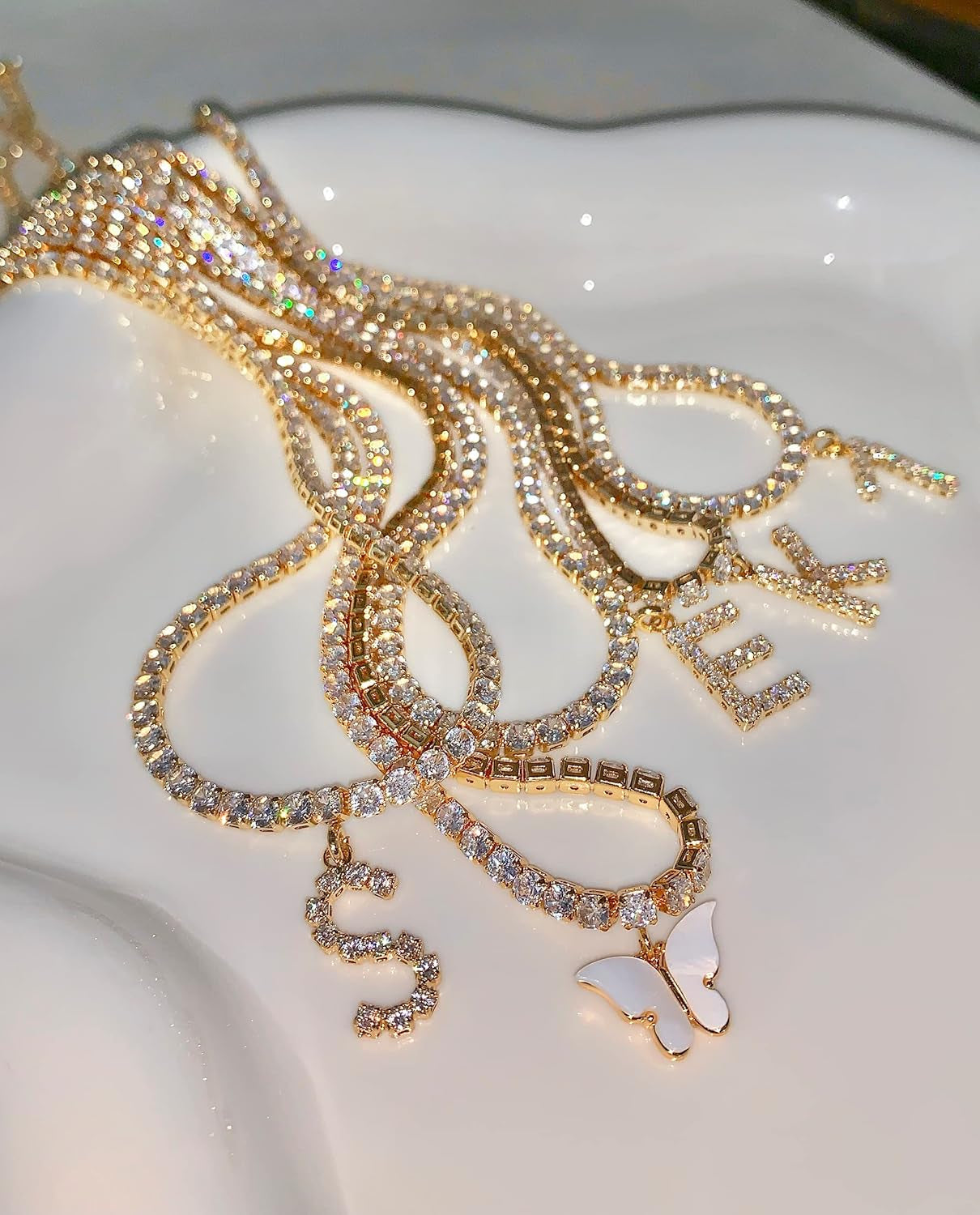 14K Gold Plated Letter Necklace – Iced Out CZ Initial Pendant on Tennis Chain Choker for Women