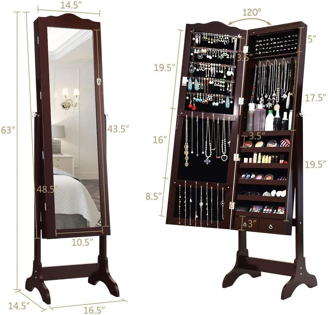 Lockable Jewelry Cabinet Armoire with Full-Length Mirror, LED Lights & Storage Drawers – Floor Standing Organizer (Brown)