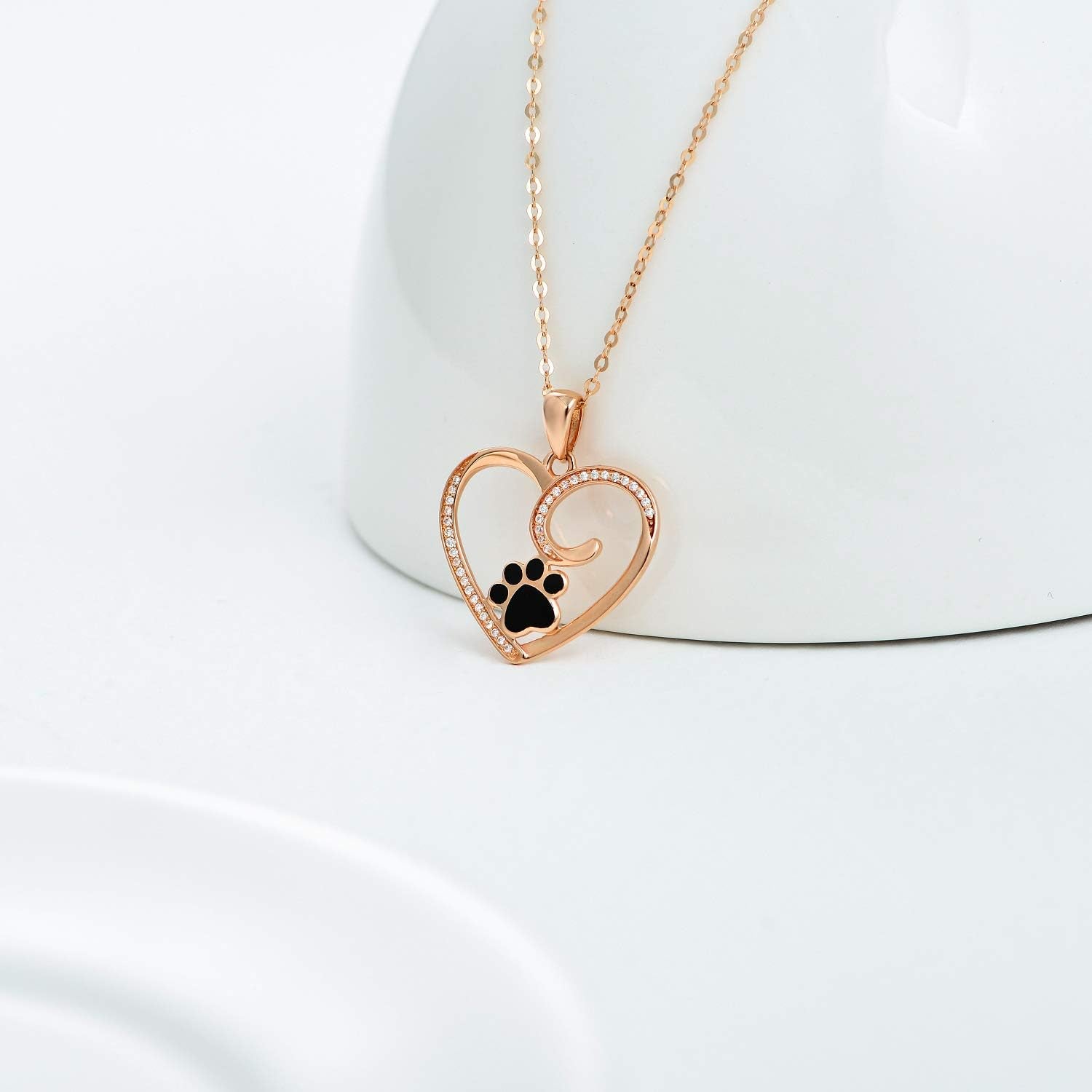 14K Gold Heart Pendant Necklace with Dog & Cat Paw Print – Real Gold Jewelry for Women, 16–18 Inch, Gift for Pet Lovers