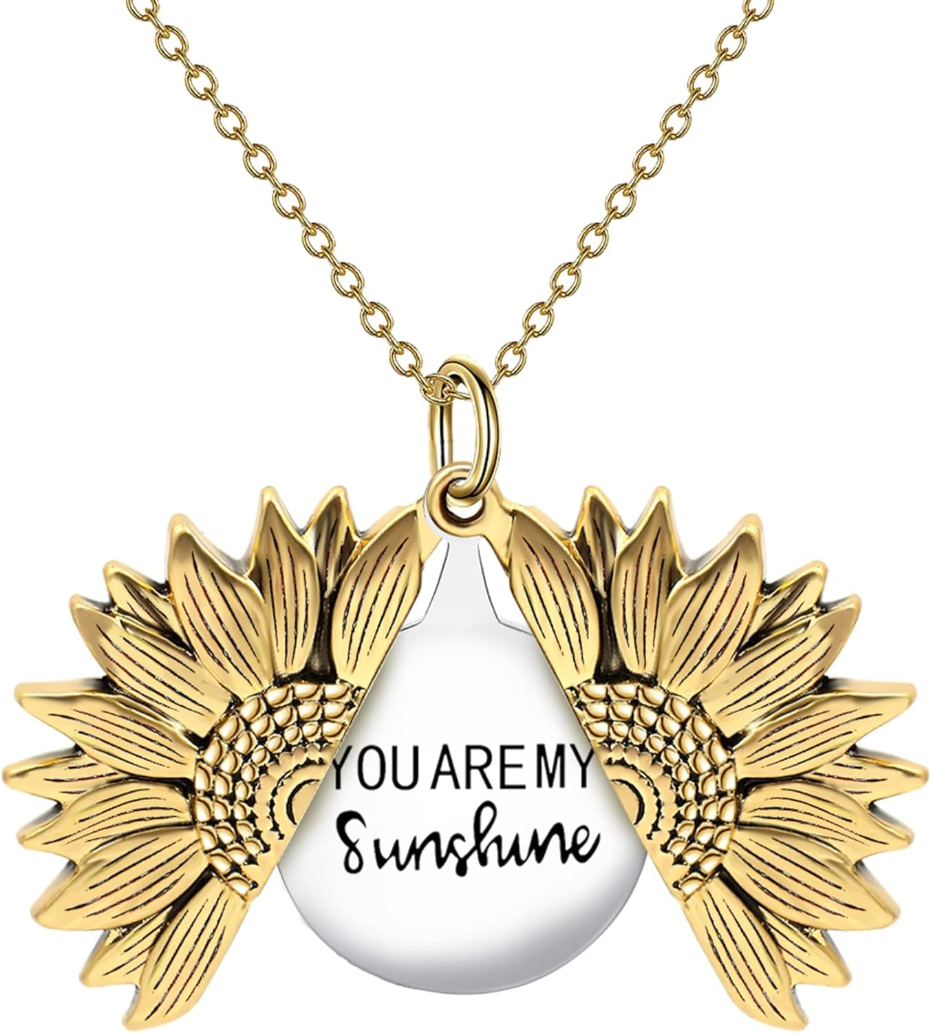 “You Are My Sunshine” Engraved Sunflower Locket Necklace – Inspirational Jewelry Gift for Women, Girlfriend, Mom, or Daughter