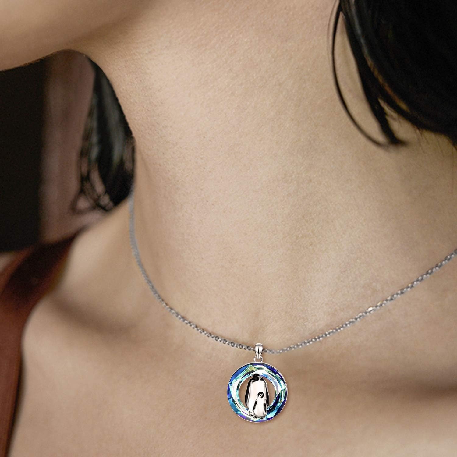 Crystal Penguin Mother & Baby Pendant Necklace – 925 Sterling Silver