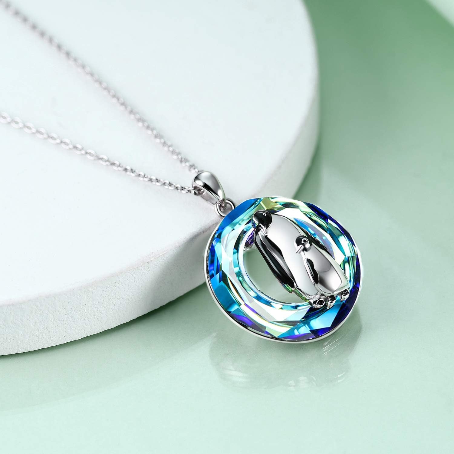 Crystal Penguin Mother & Baby Pendant Necklace – 925 Sterling Silver
