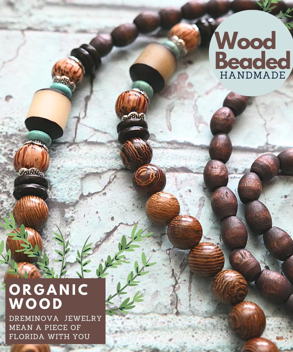Bohemian Beaded Necklace for Women – Long Boho Pendant with Wooden Mala Beads & Tassel