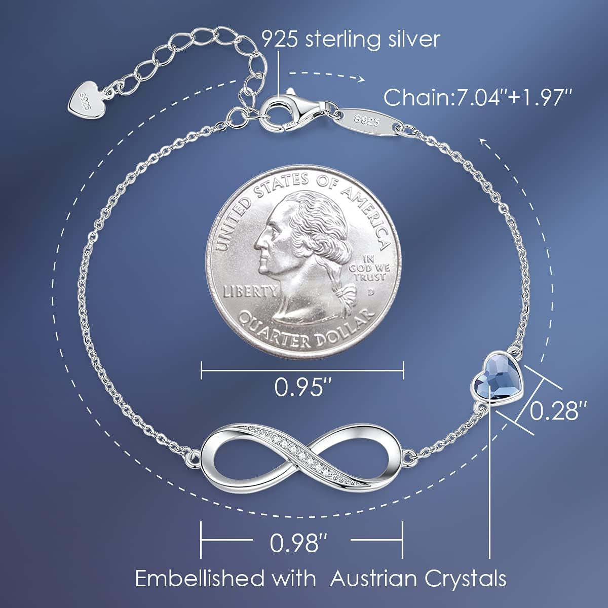 Infinity Heart Birthstone Charm Link Bracelet – 925 Sterling Silver Adjustable Jewelry Gift for Women, Wife, Girlfriend