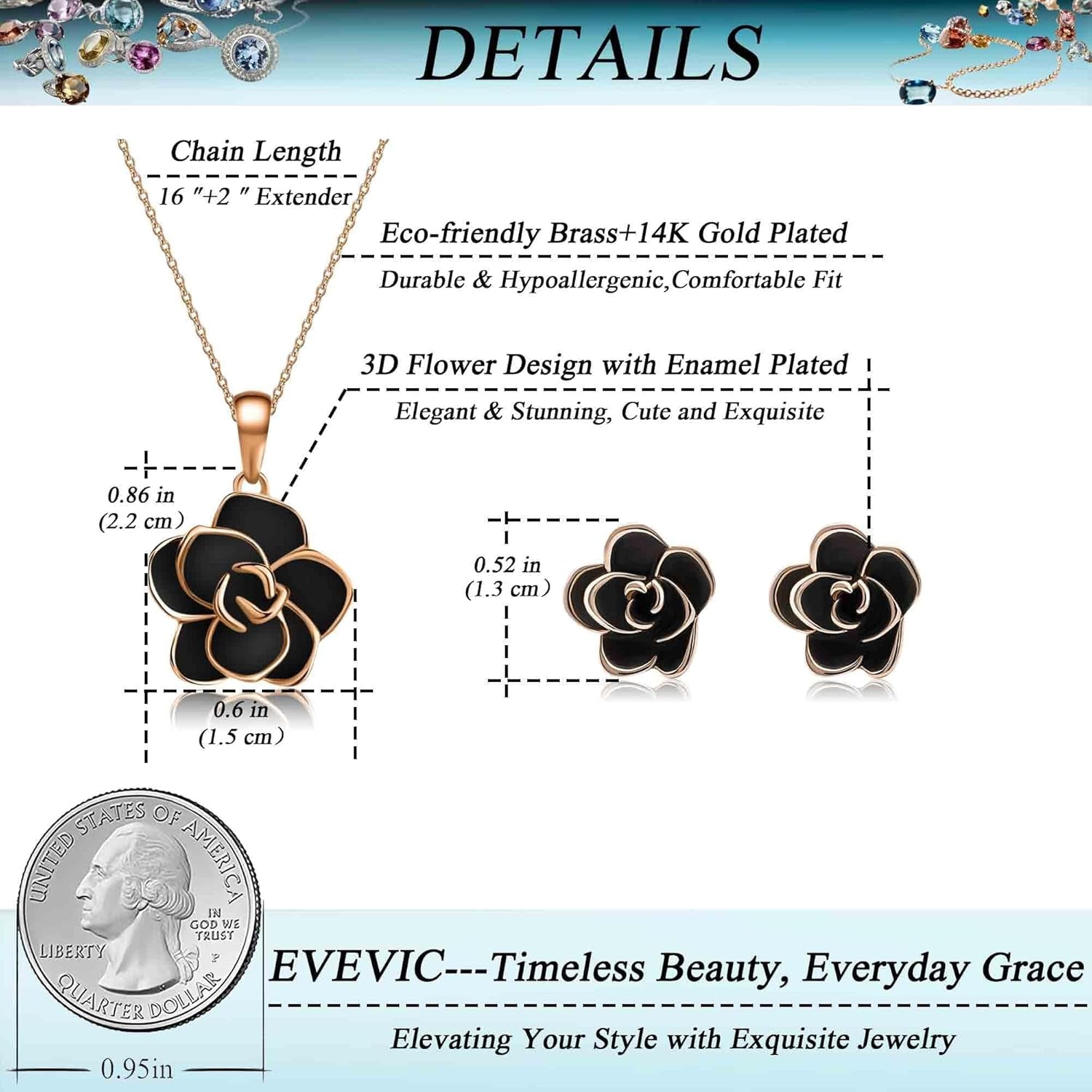 Rose Flower Necklace & Earrings Set for Women – 18K Gold Plated, Hypoallergenic Jewelry Set