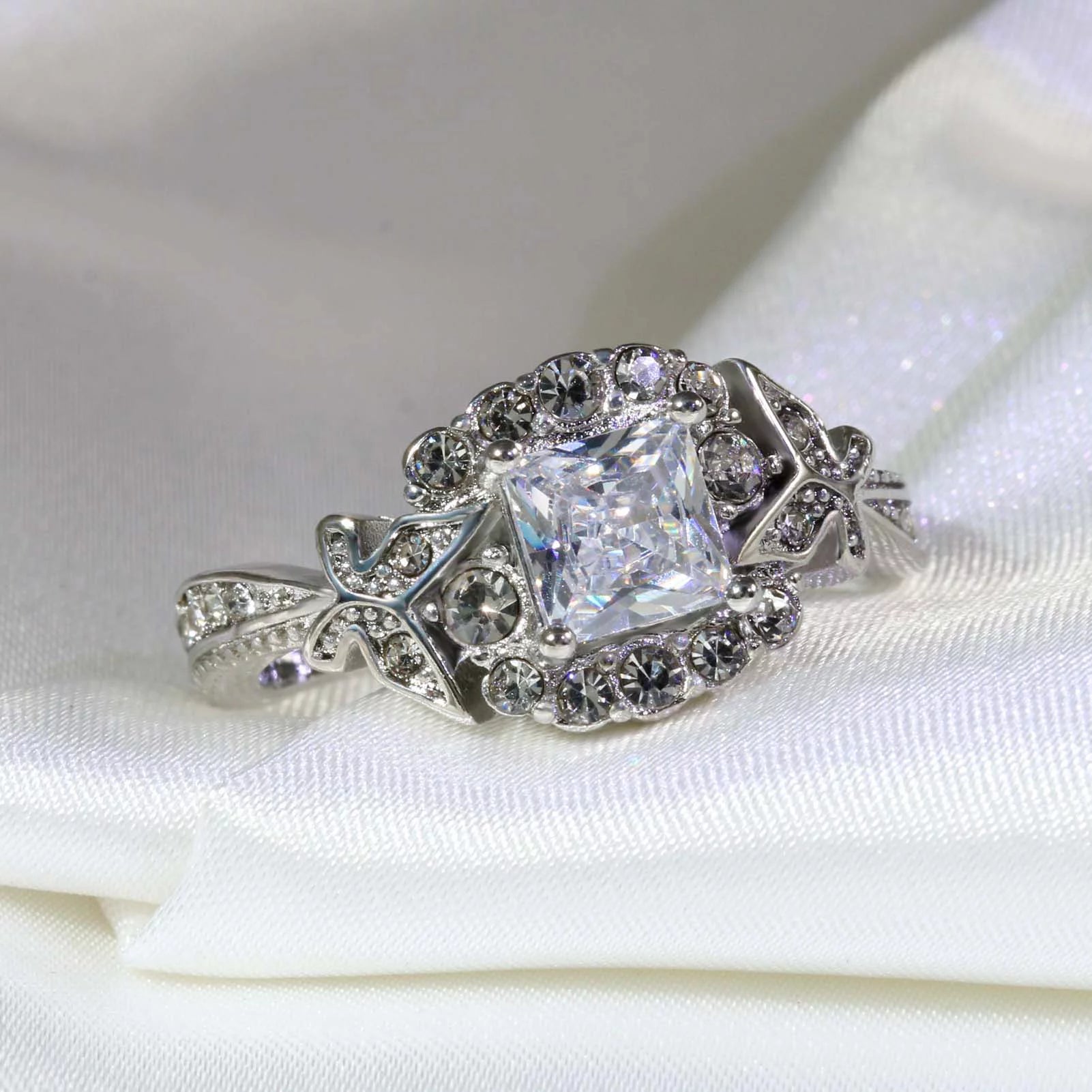 Matching Couple Rings – 10Kt White Gold Plated CZ Wedding Ring Set for Women & Men
