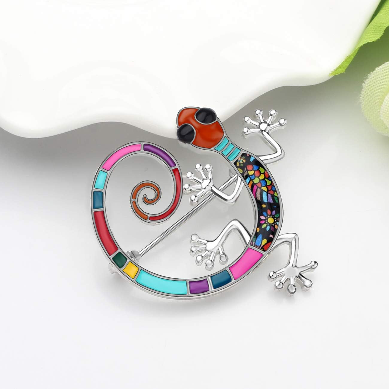 Cute Floral Enamel Gecko Lizard Brooch Pin – 6 Colorful Reptile Animal Jewelry Gifts