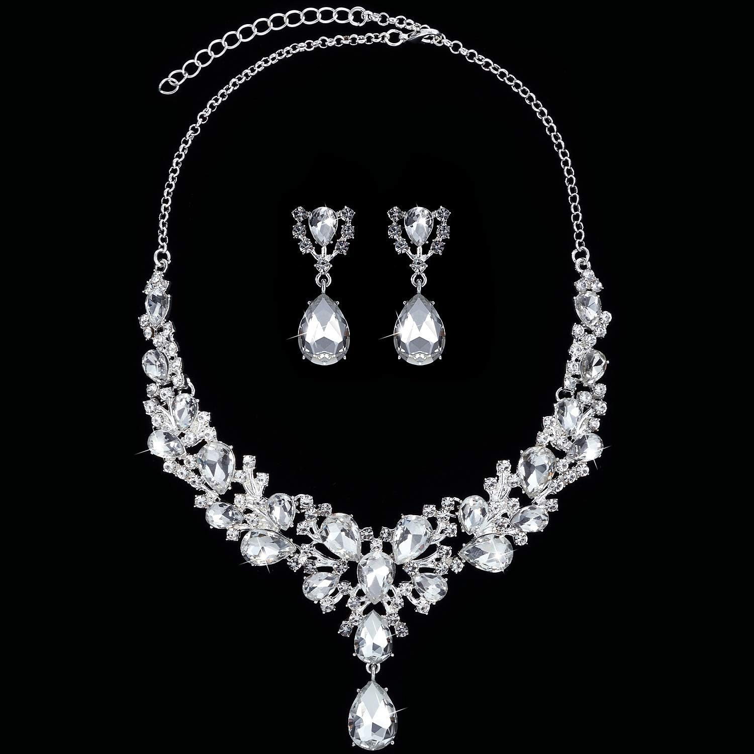 Bridal Teardrop Cluster Crystal Jewelry Set for Women – Necklace & Earrings Set for Weddings, Brides, and Formal Events