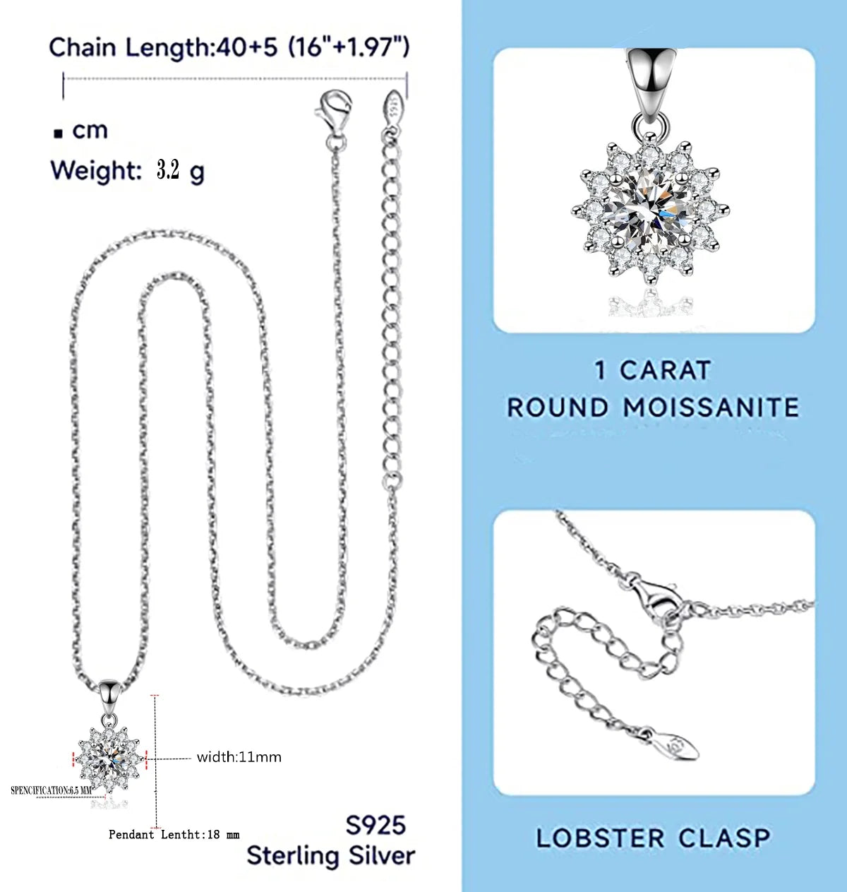 1 Carat Moissanite Pendant Necklace – 925 Sterling Silver with 18K Gold Plating, Dainty Diamond Jewelry for Women
