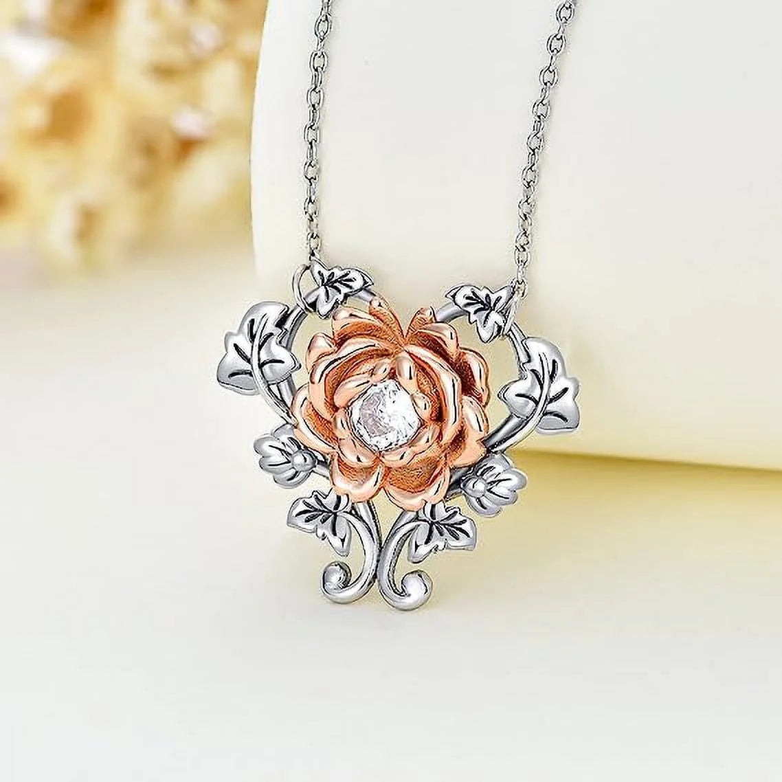 925 Sterling Silver Rose Flower Heart Pendant Necklace – Elegant Jewelry for Women
