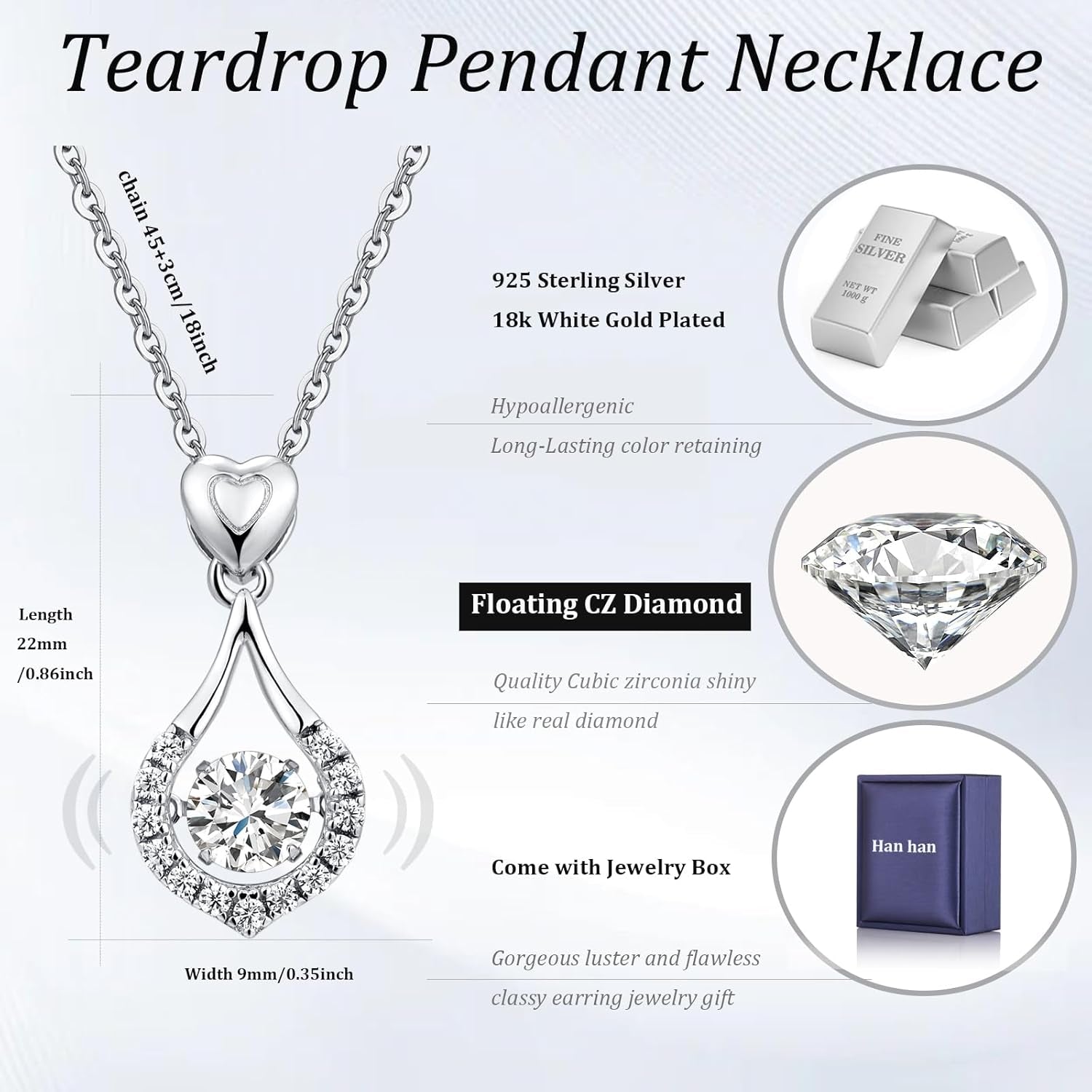 18K White Gold Plated Sterling Silver Pendant Necklace – 5A+ Shaking CZ Diamond, 18" Chain for Women