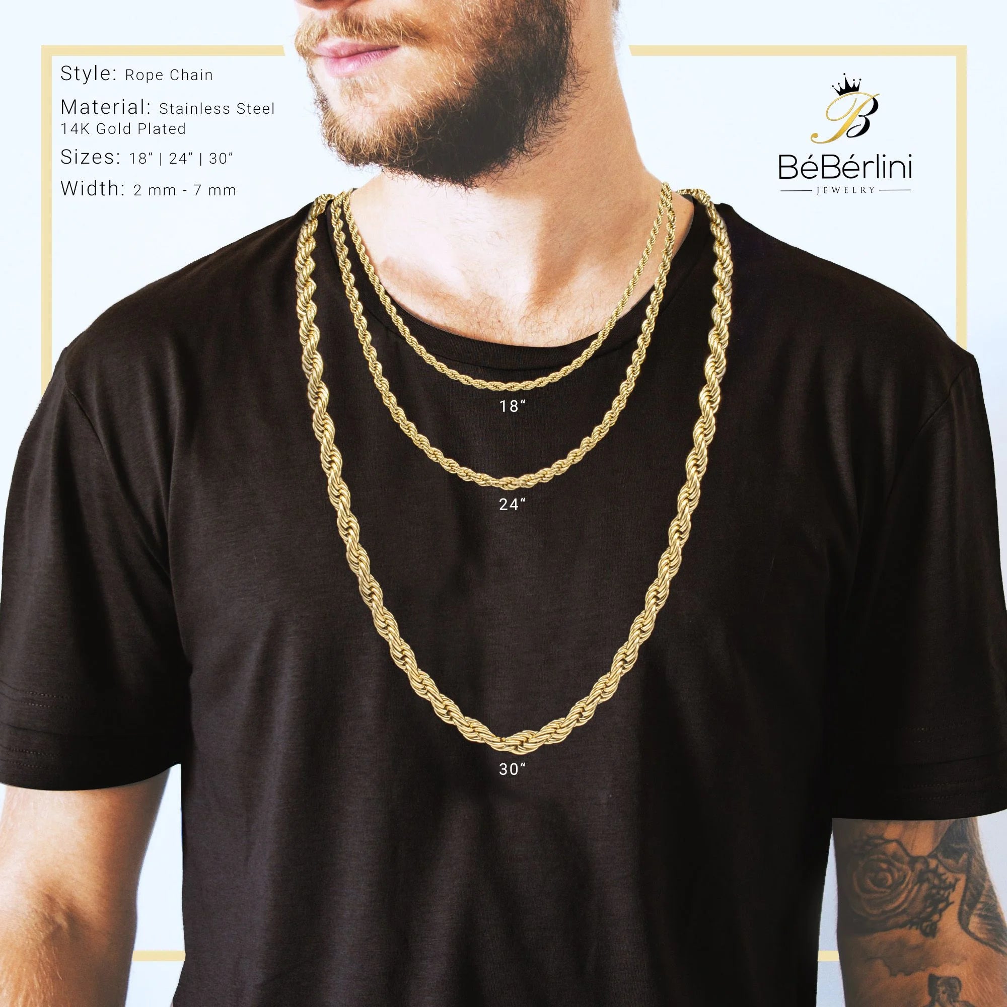 Rope Chain Necklace 14K Gold Plated Stainless Steel – Twisted Link Fashion Jewelry for Men, 24" Length, 4mm Width