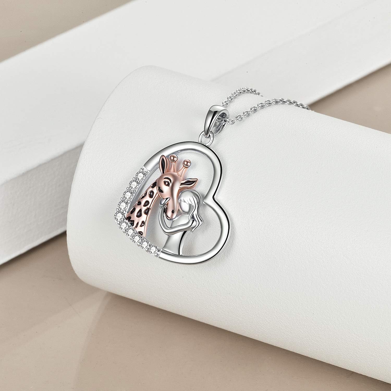 Giraffe & Girl Heart Pendant Necklace – 925 Sterling Silver