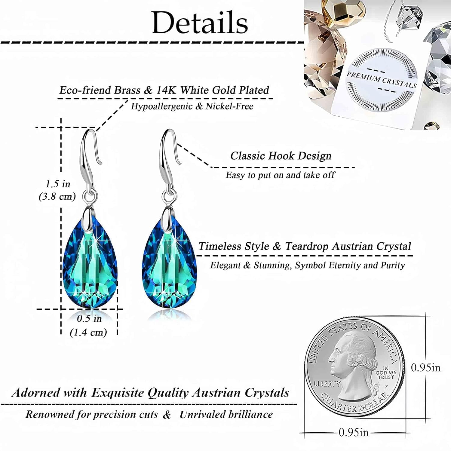Austrian Crystal Teardrop Dangle Hook Earrings for Women – 14K Gold Plated, Hypoallergenic Jewelry