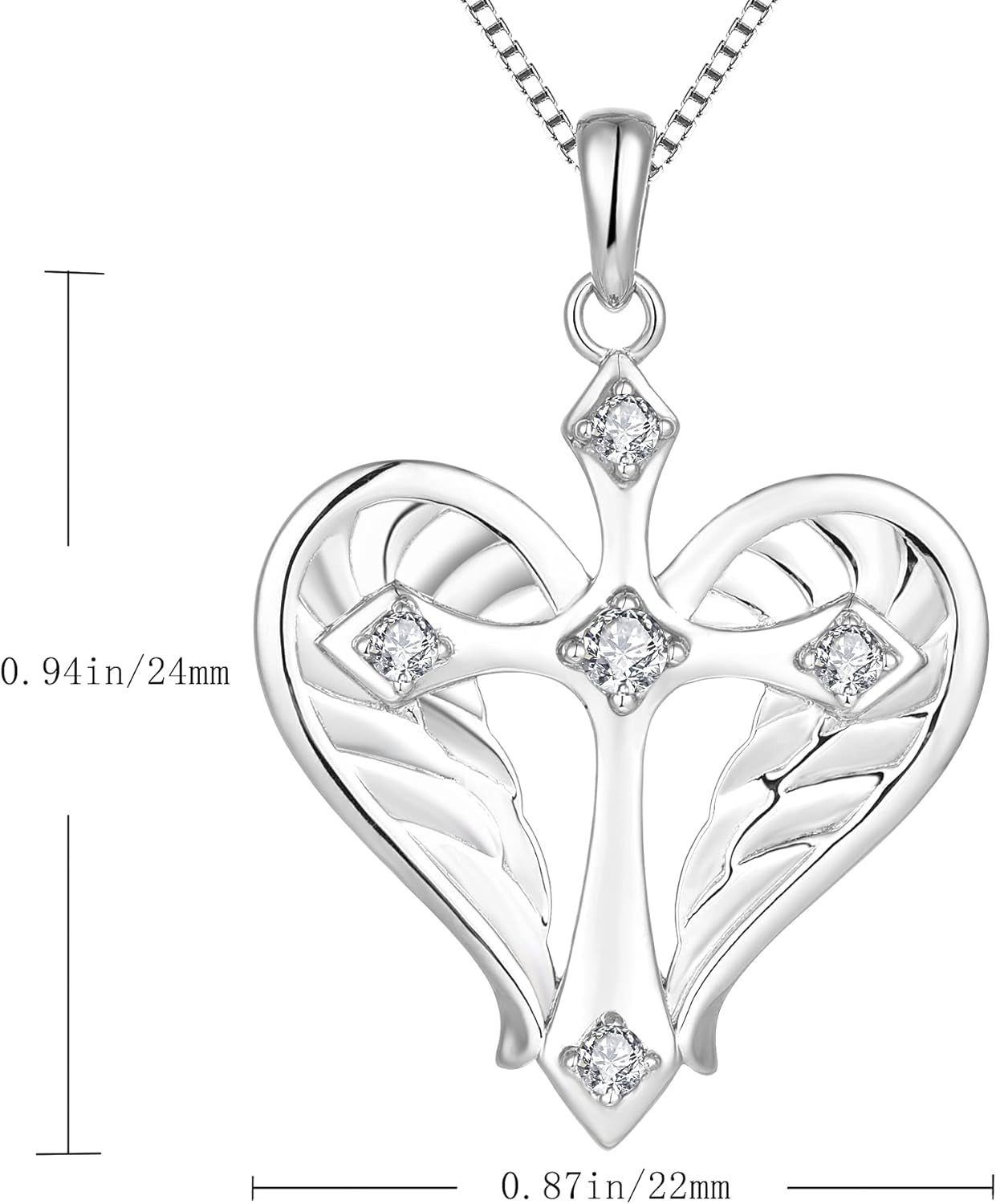 925 Sterling Silver Cross Necklace – Heart & Angel Wings Pendant for Women