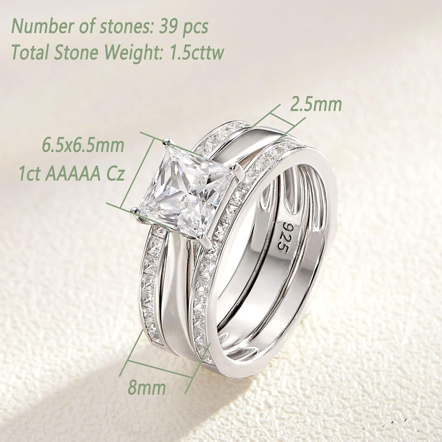 Princess Bridal Ring Set for Women – CZ Wedding Band Guard Enhancer – 925 Sterling Silver, Sizes 4-13