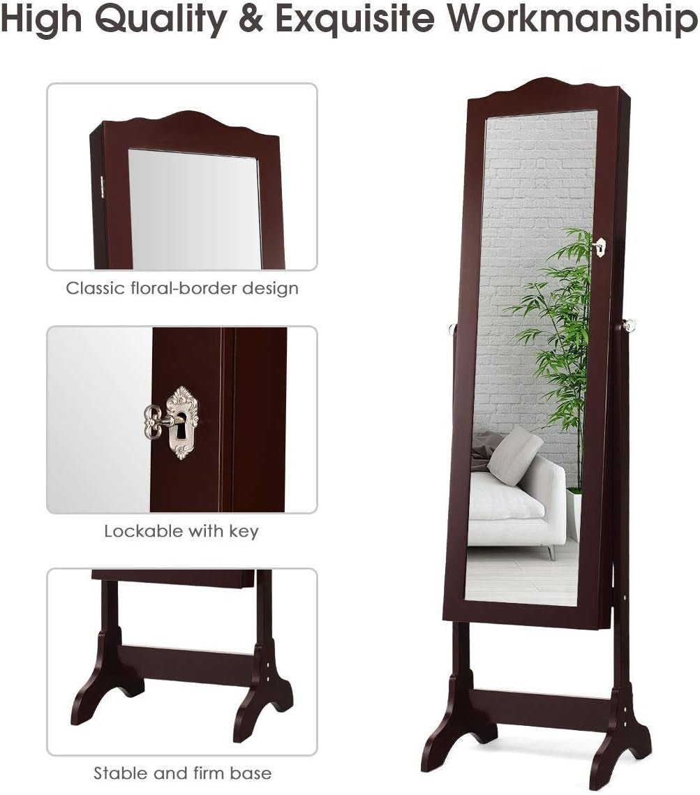 Lockable Jewelry Cabinet Armoire with Full-Length Mirror, LED Lights & Storage Drawers – Floor Standing Organizer (Brown)