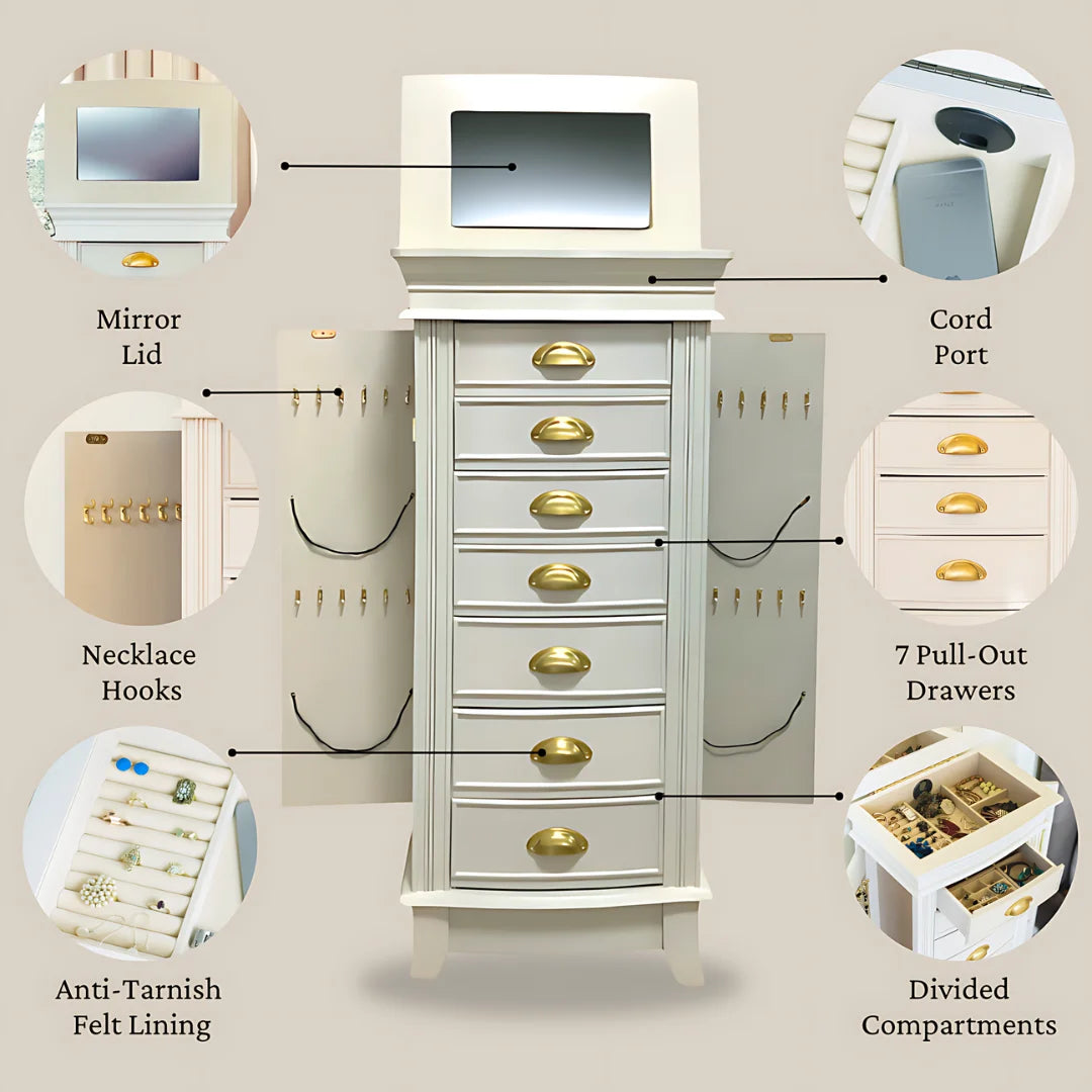 Hillary Jewelry Armoire – Elegant Standing Storage with Mirror, Drawers & Necklace Hooks