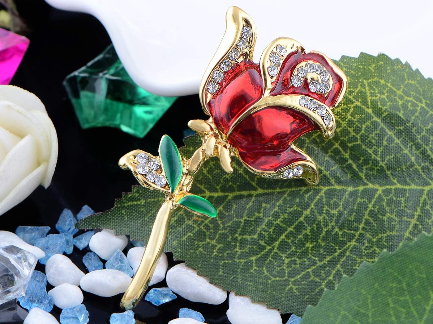 Women’s Belle Red, White & Purple Rose Flower Enamel Crystal Rhinestone Brooch – Gold-Tone Elegant Pin