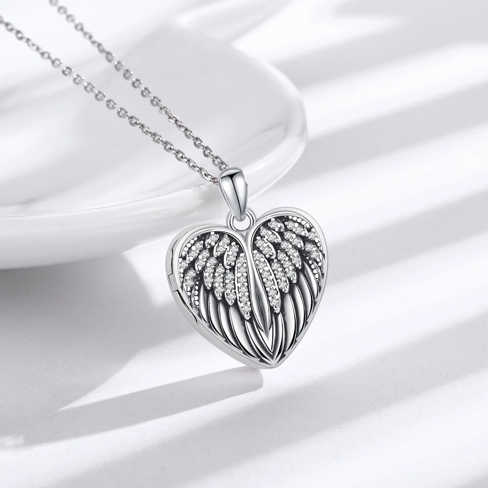 Angel Wings Heart Locket Necklace – 925 Sterling Silver Memorial Jewelry for Women