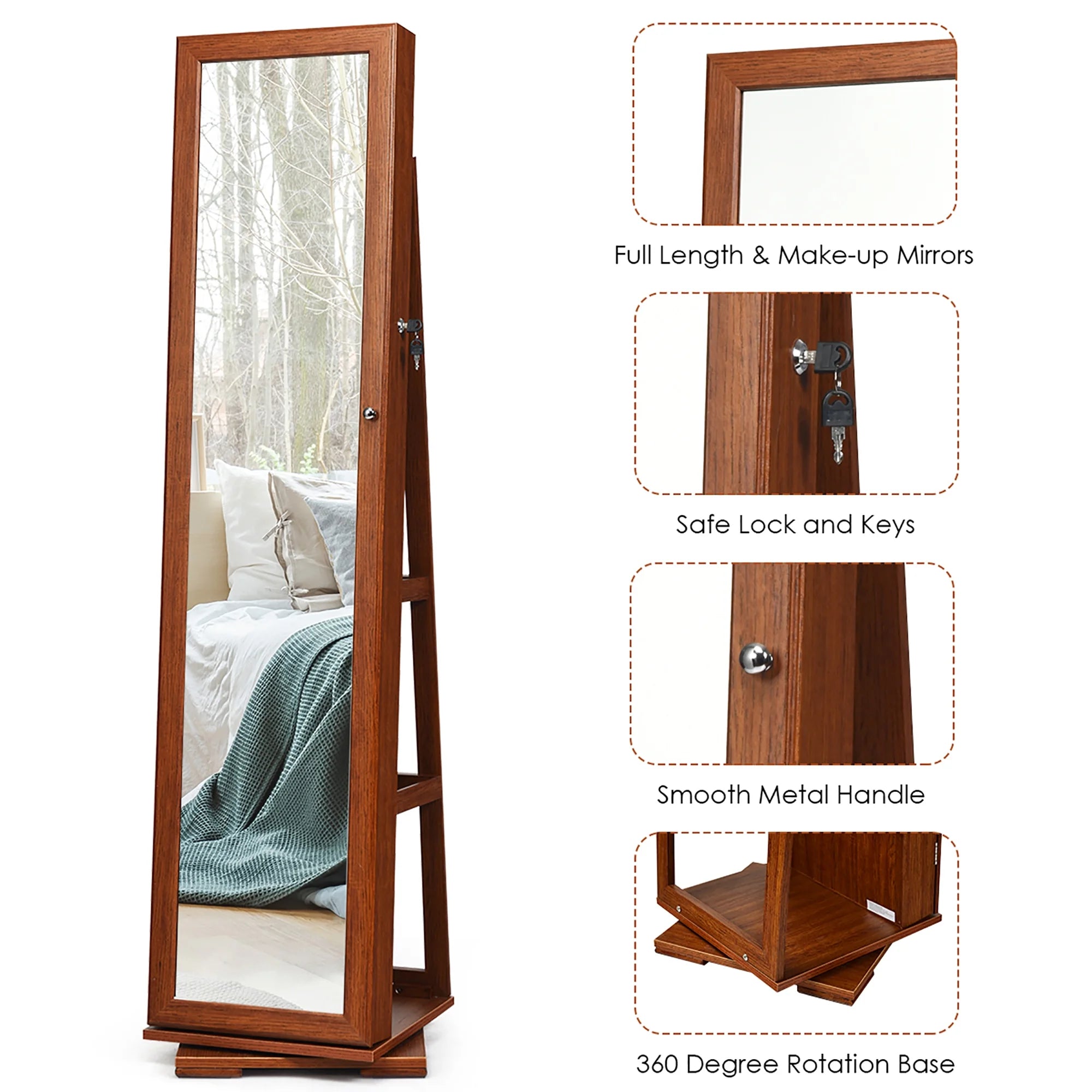 360Degree Rotatable Jewelry Cabinet 2-In-1 Lockable Mirrored Organizer Brown