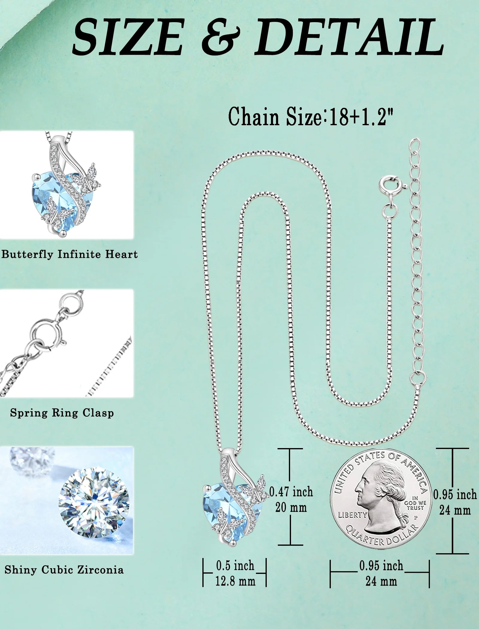 Infinite Heart Pendant Sterling Silver Butterfly Necklace – Women’s Birthstone Jewelry Gift with March Created Aquamarine