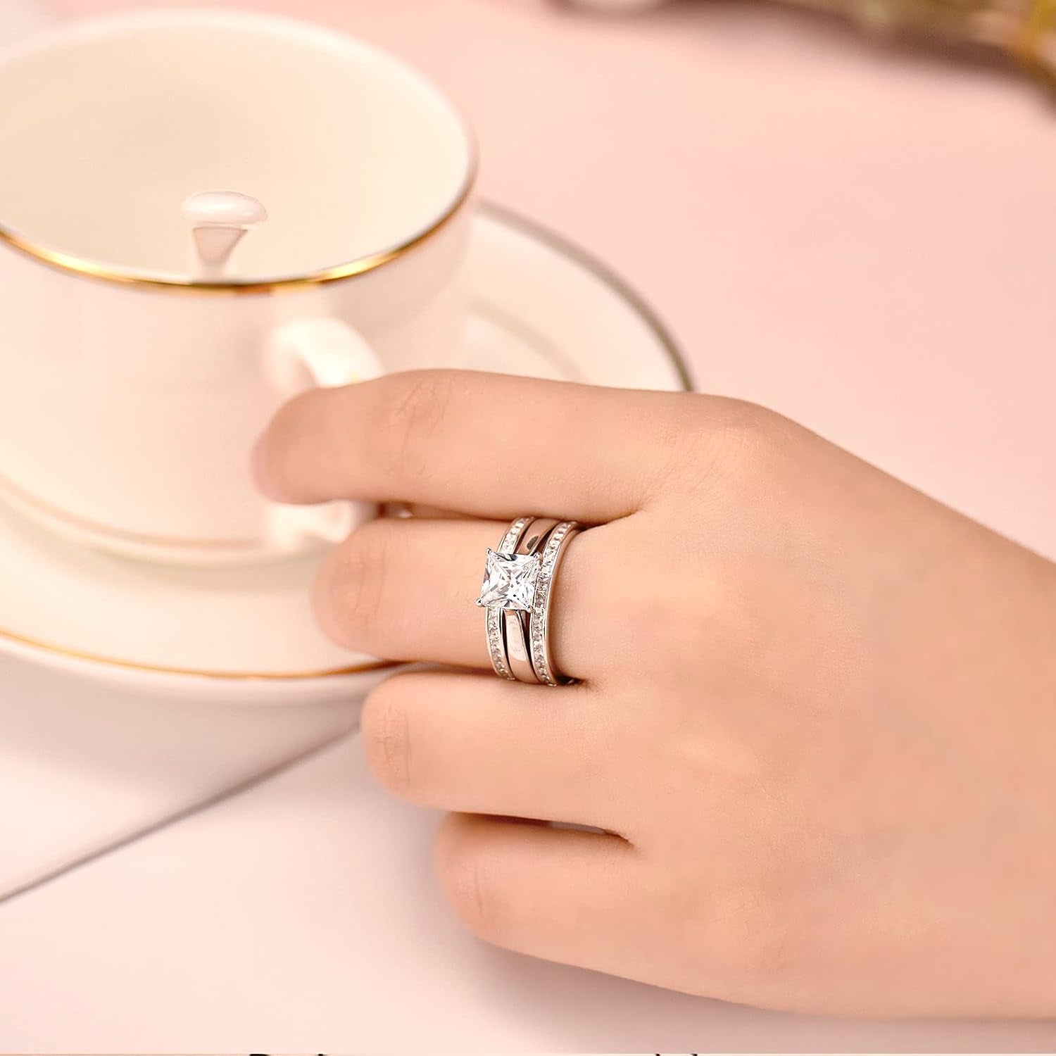 Princess Bridal Ring Set for Women – CZ Wedding Band Guard Enhancer – 925 Sterling Silver, Sizes 4-13