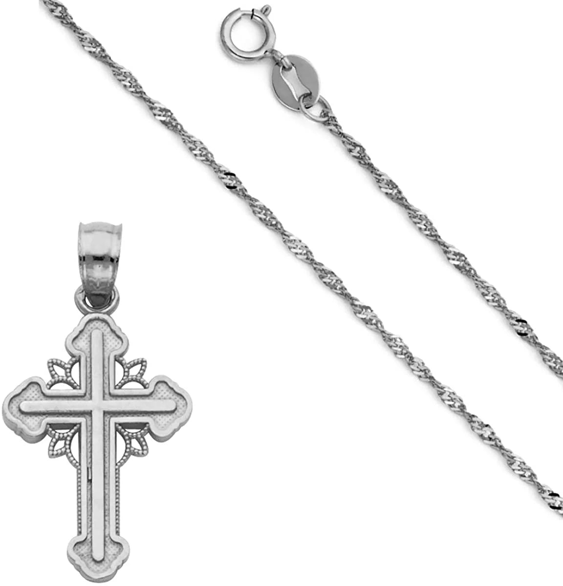 14K White Gold Cross Pendant Necklace with Singapore Chain – Religious Jewelry, 18mm x 15mm