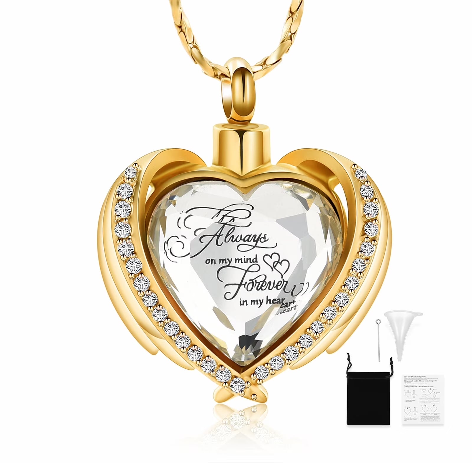 Angel Wing Heart Cremation Urn Necklace – Birthstone Memorial Locket for Human Ashes | Keepsake Jewelry for Women