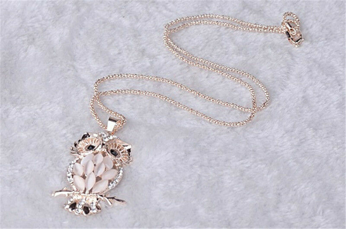 Fashion Sweater Chain Owl Necklace with Opal Stone Pendant – Trendy Sweater Chain Jewelry