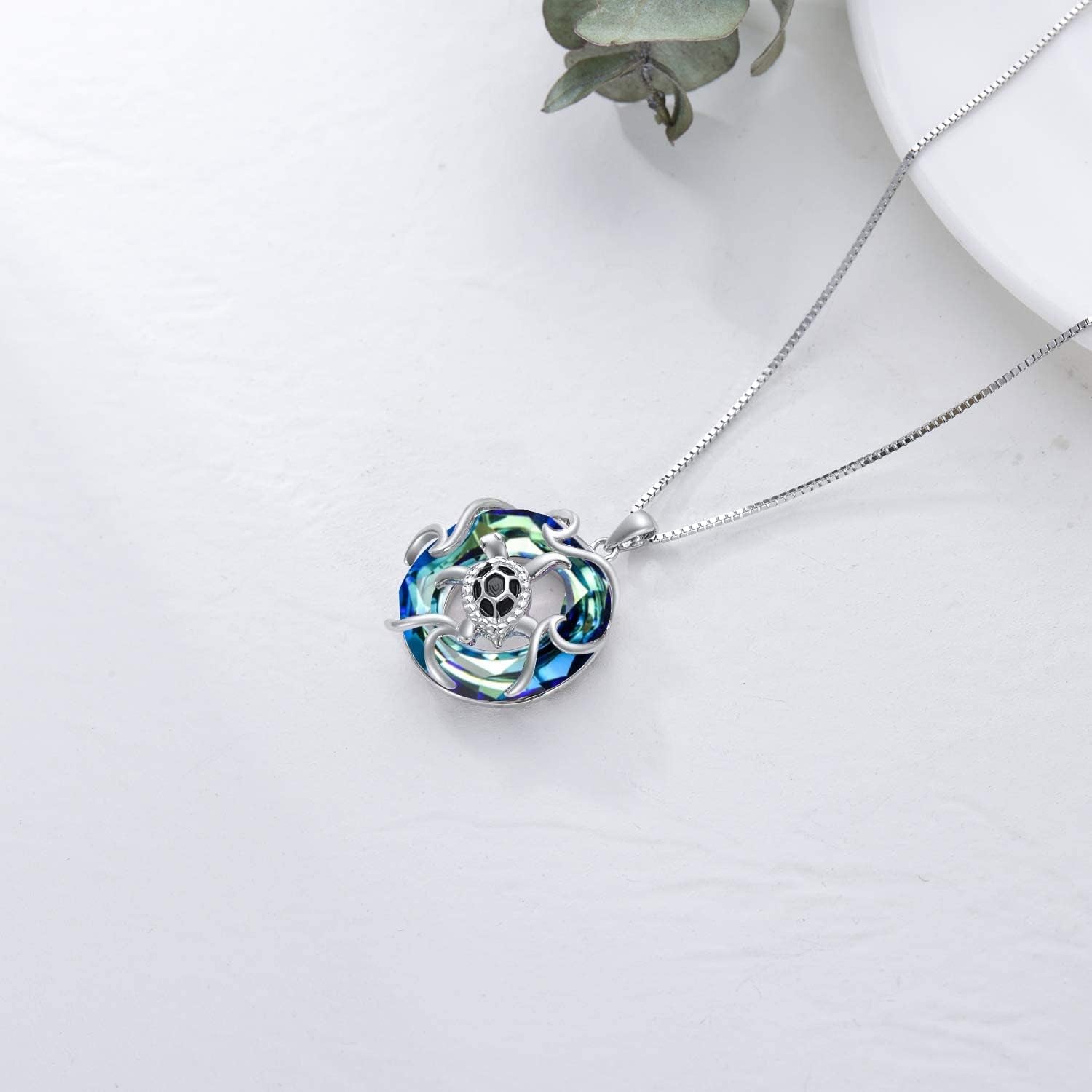 Sterling Silver Sea Turtle Necklace for Women – Ocean-Themed Crystal Pendant Jewelry, Perfect Summer Beach Gift for Marine Animal Lovers