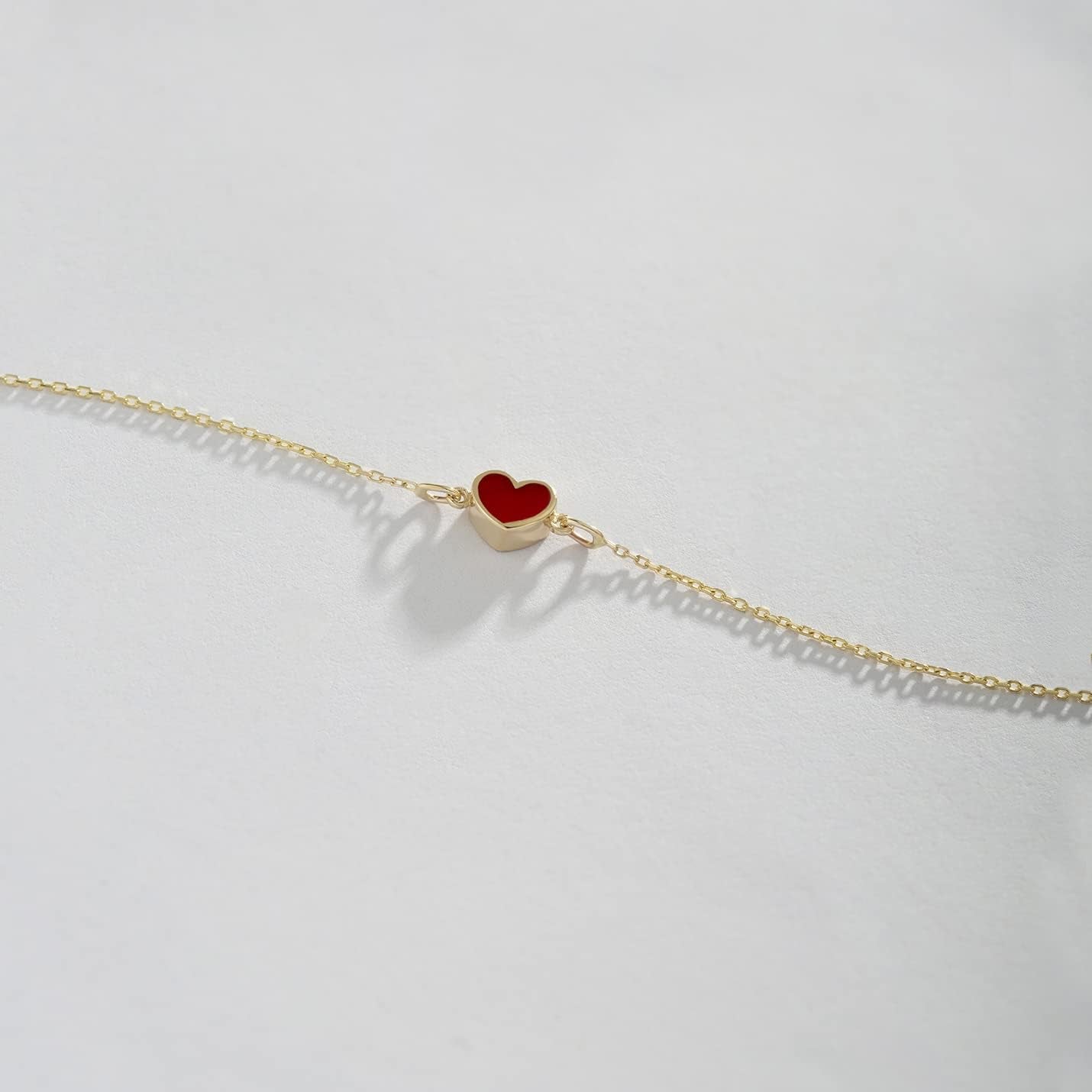 14K Solid Gold Red Heart Bracelet for Women, Adjustable 6+1 Inch Dainty Chain