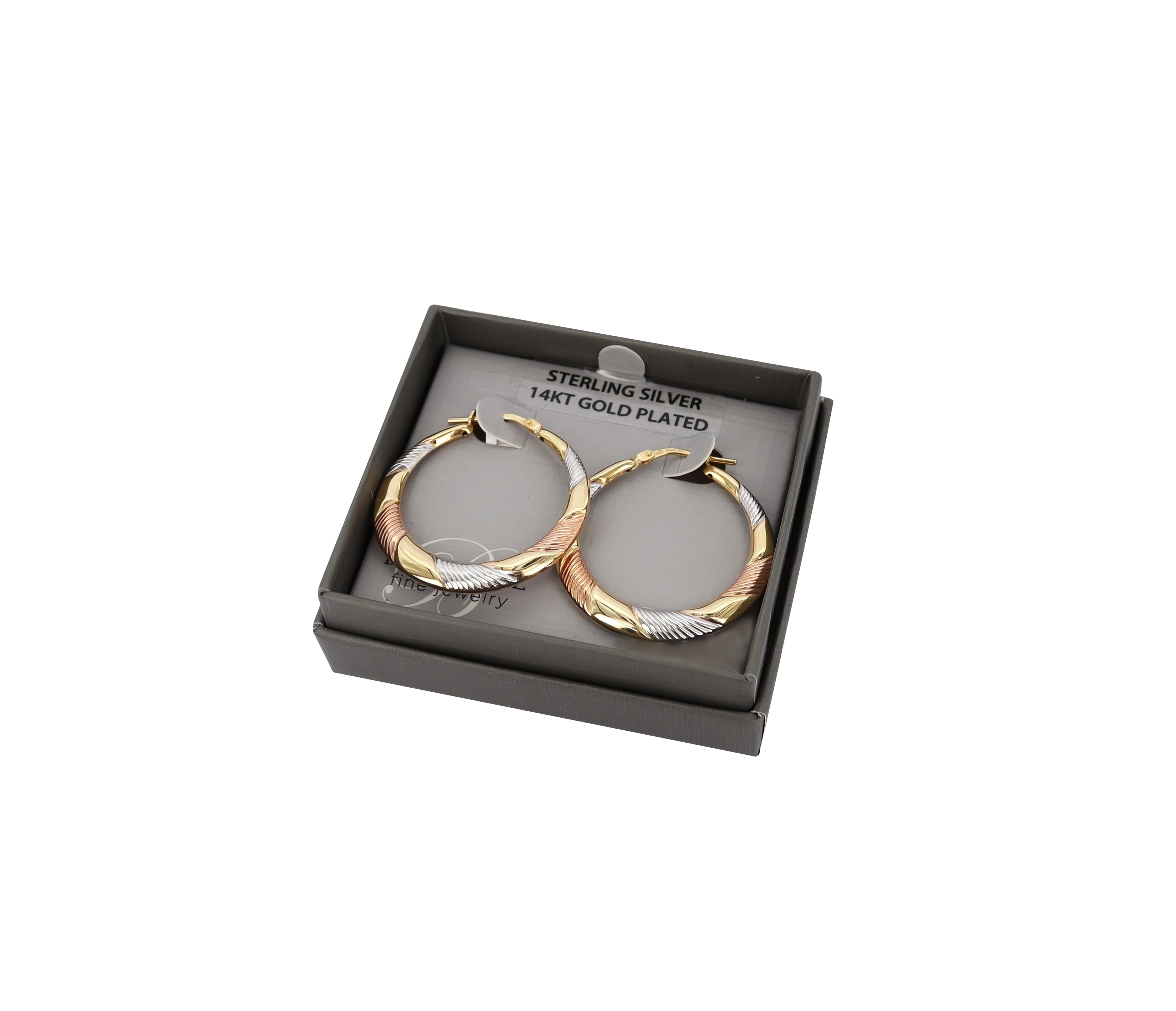 Brilliance Fine Jewelry 14K Gold Plated Sterling Silver Tri-Color Striped Hoop Earrings for Women – 30mm