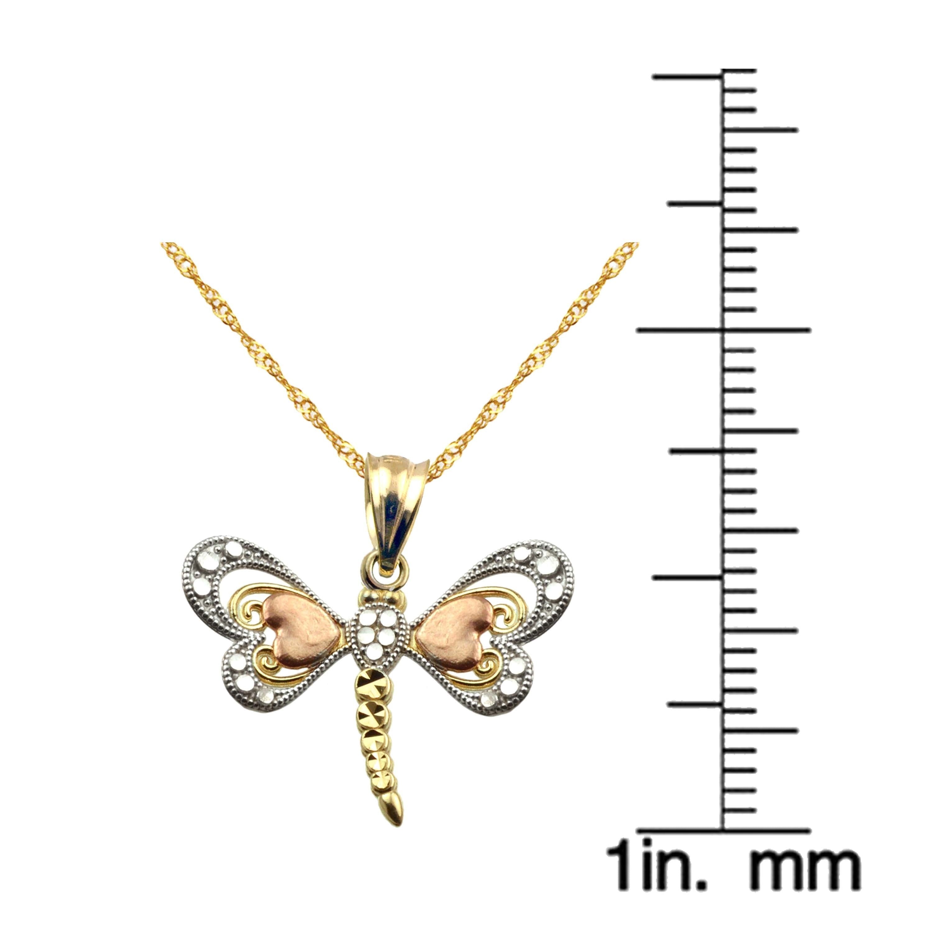 US GOLD Handcrafted 10Kt Tri-Color Gold Dragonfly Charm Pendant – Yellow, Rose & White Gold