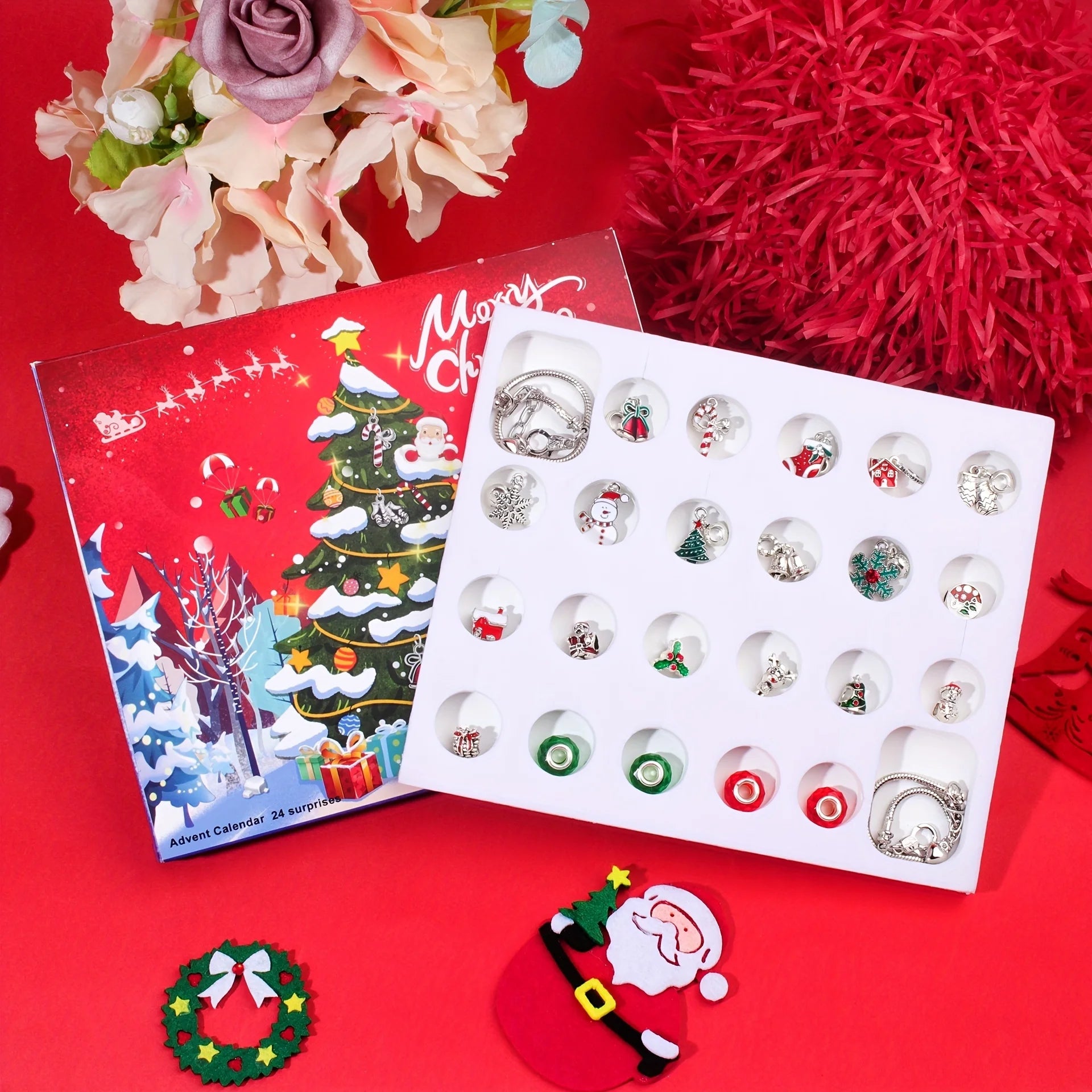 🎅 24-Day Christmas Countdown Advent Calendar DIY Charm Bracelet Kit | 24 Zinc Alloy Charms | Antique Silver Finish | Holiday Gift for Girls & Women